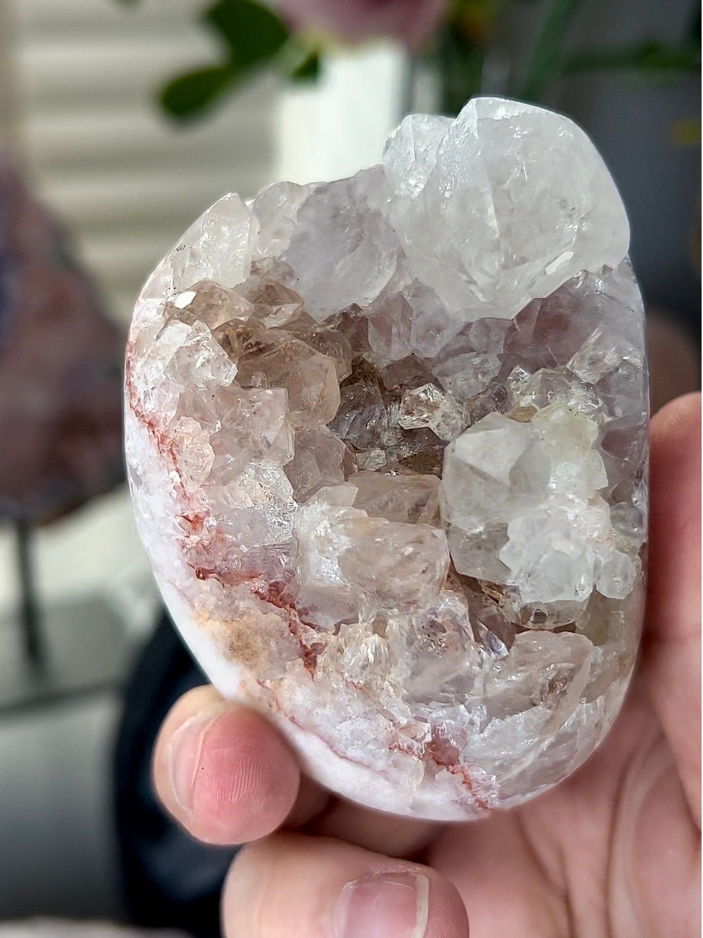 pink amethyst freeform, with hematite banding, and chunky quartz teeth