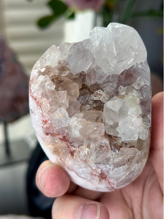 pink amethyst freeform, with hematite banding, and chunky quartz teeth
