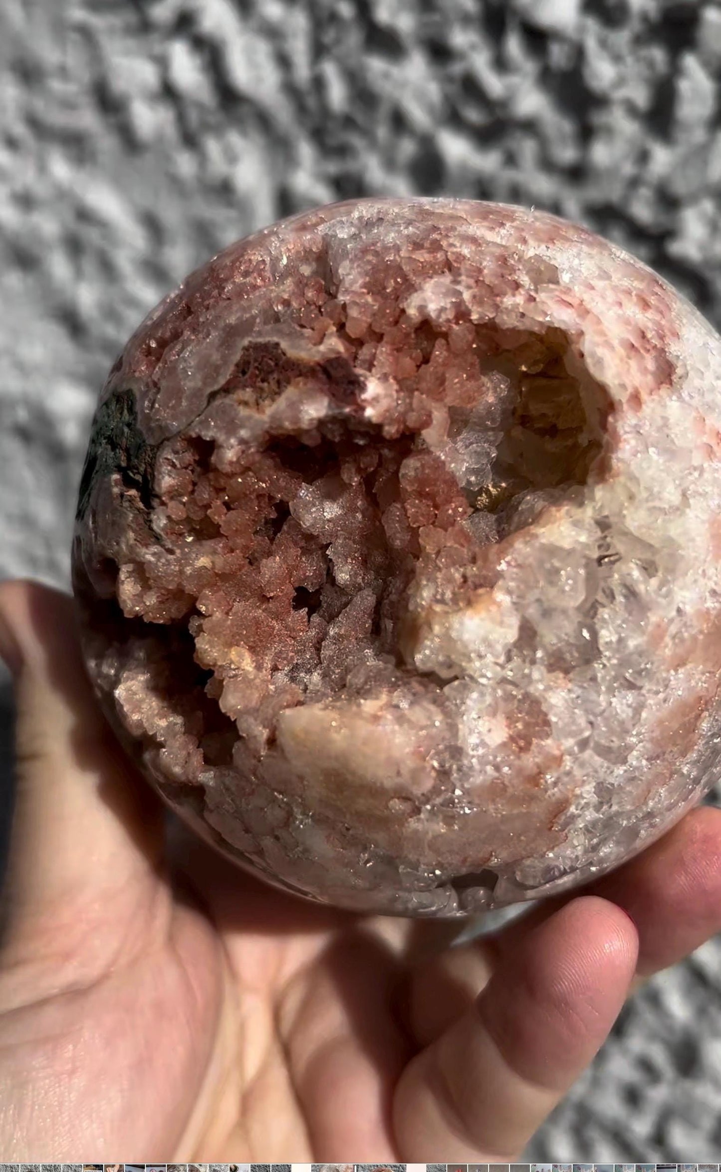 high grade, large, statement, pink amethyst sphere, with incredible quartz & red sugar druzy 1.230kg