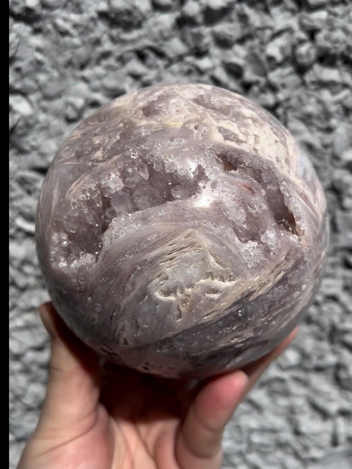 large, statement pink amethyst sphere with rutile formations in lilac tones over 1kg