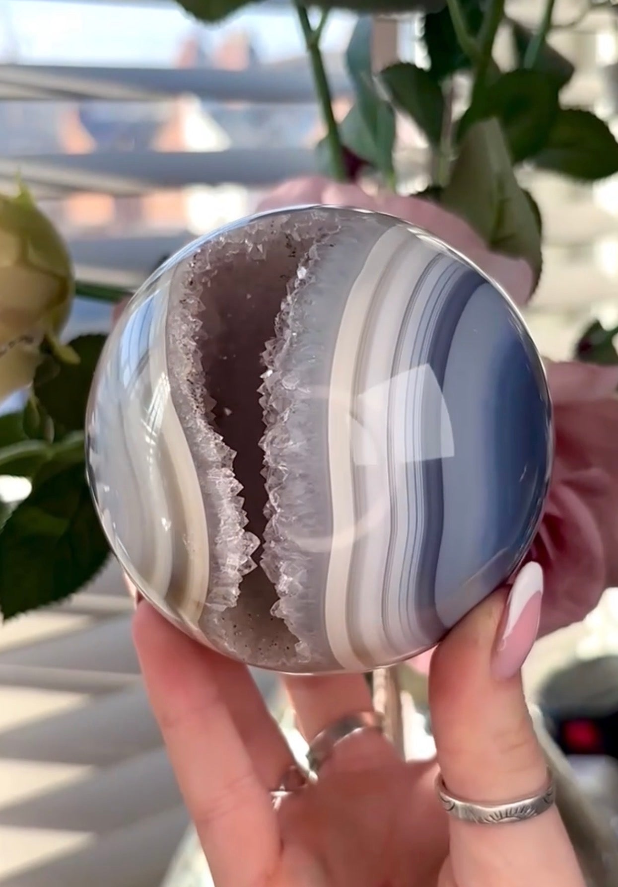 Gorgeous, high grade, blue banded amethyst agate sphere