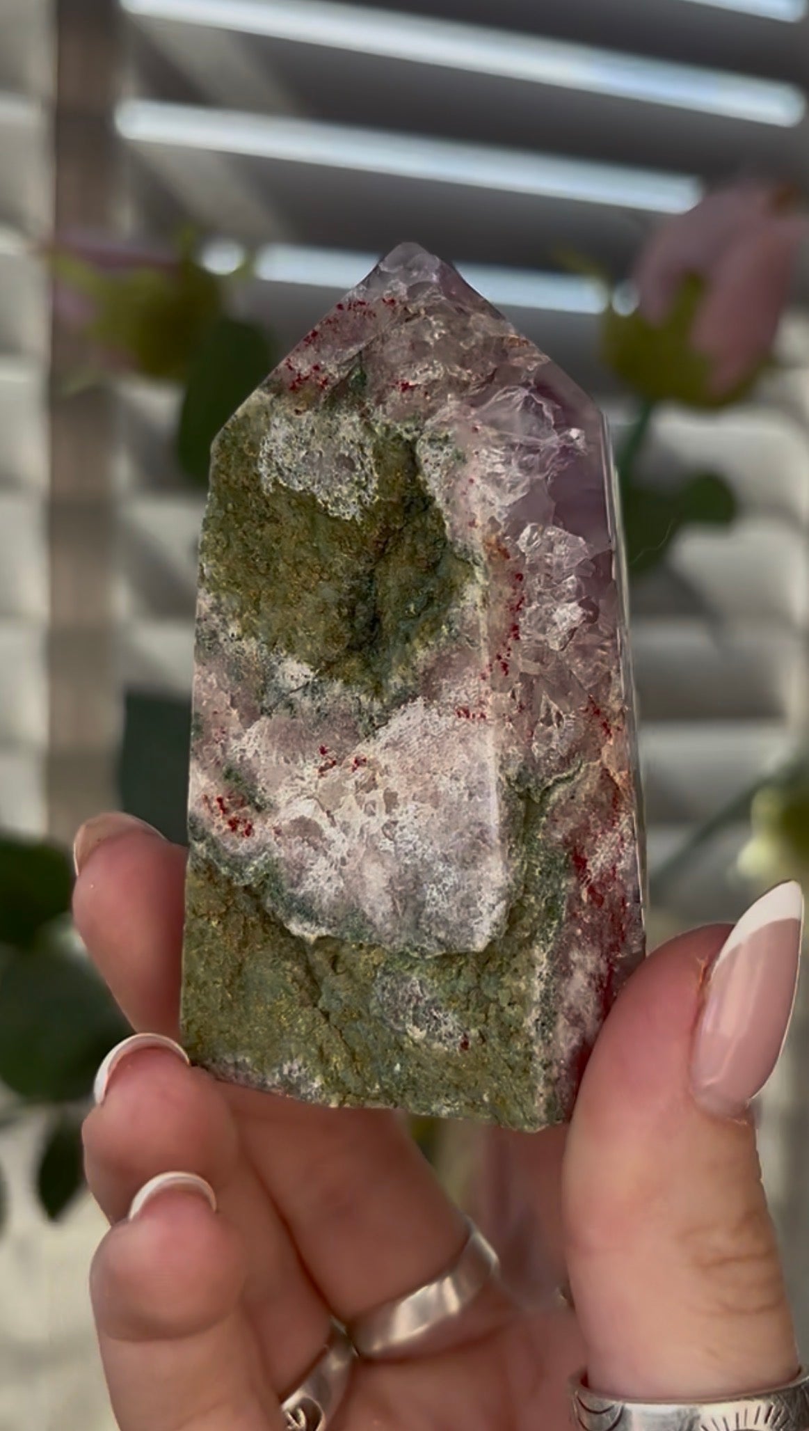 Beautiful, chunky Pink amethyst tower with purple quartz 8cm(h) by 5cm(w)