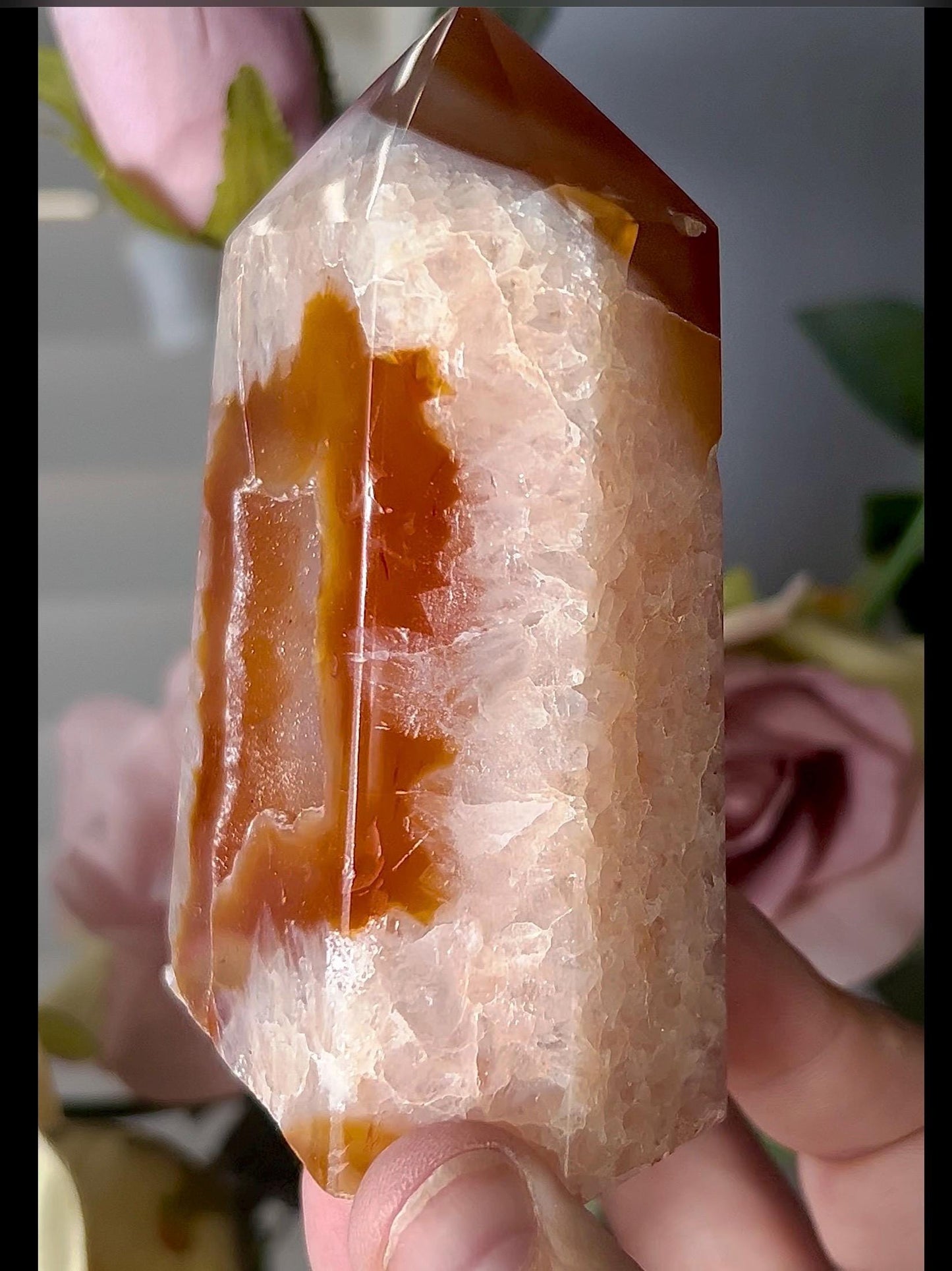 Extra quality, chinky red agate, carnelian tower with quartz & sugar druzy portal, cave