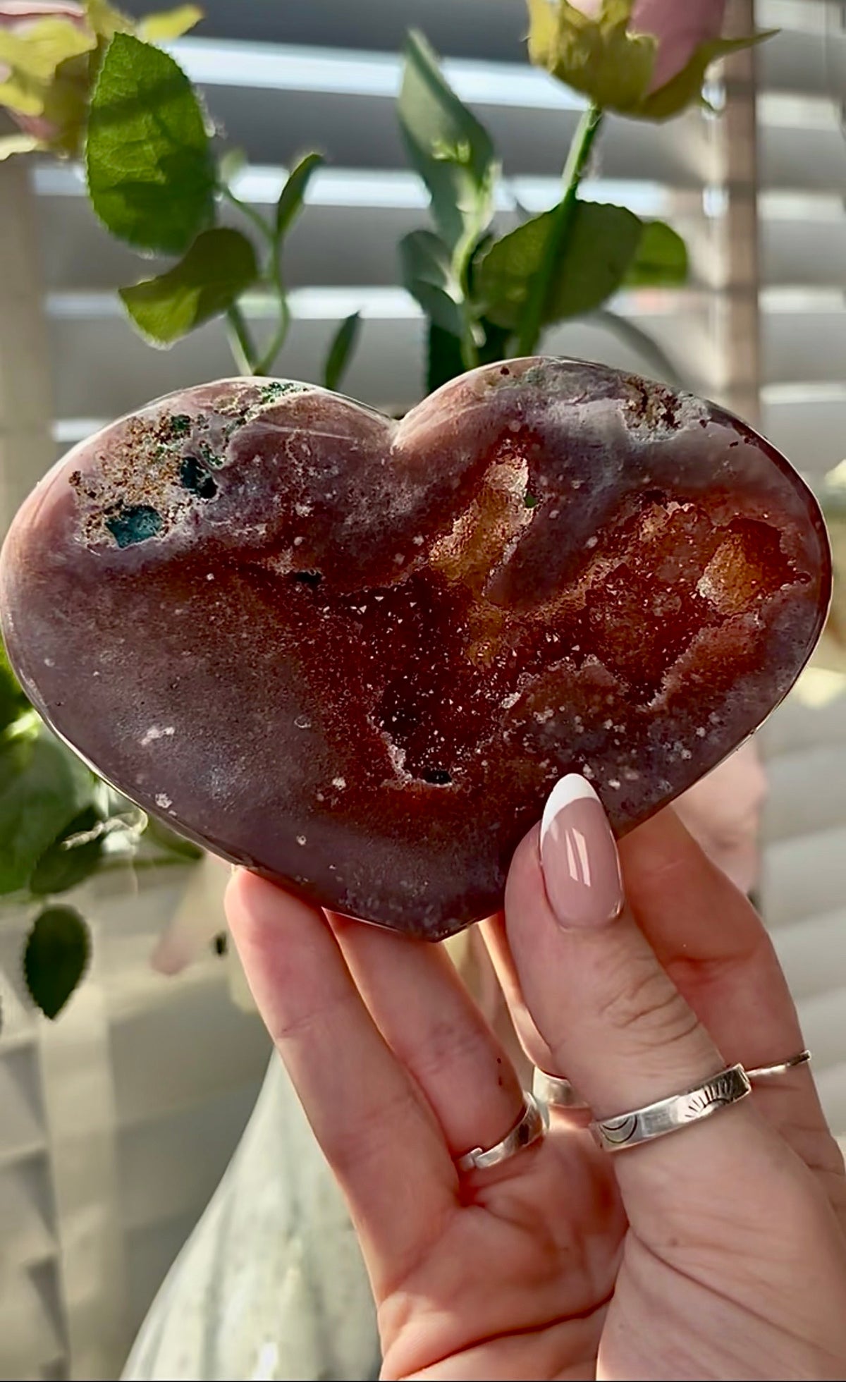 Gorgeous, high quality, berry red pink amethyst heart- comes with stand