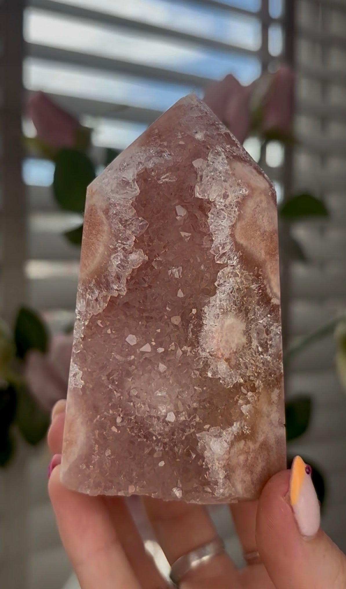 Beautiful, high quality, Pink amethyst tower in peach tone
