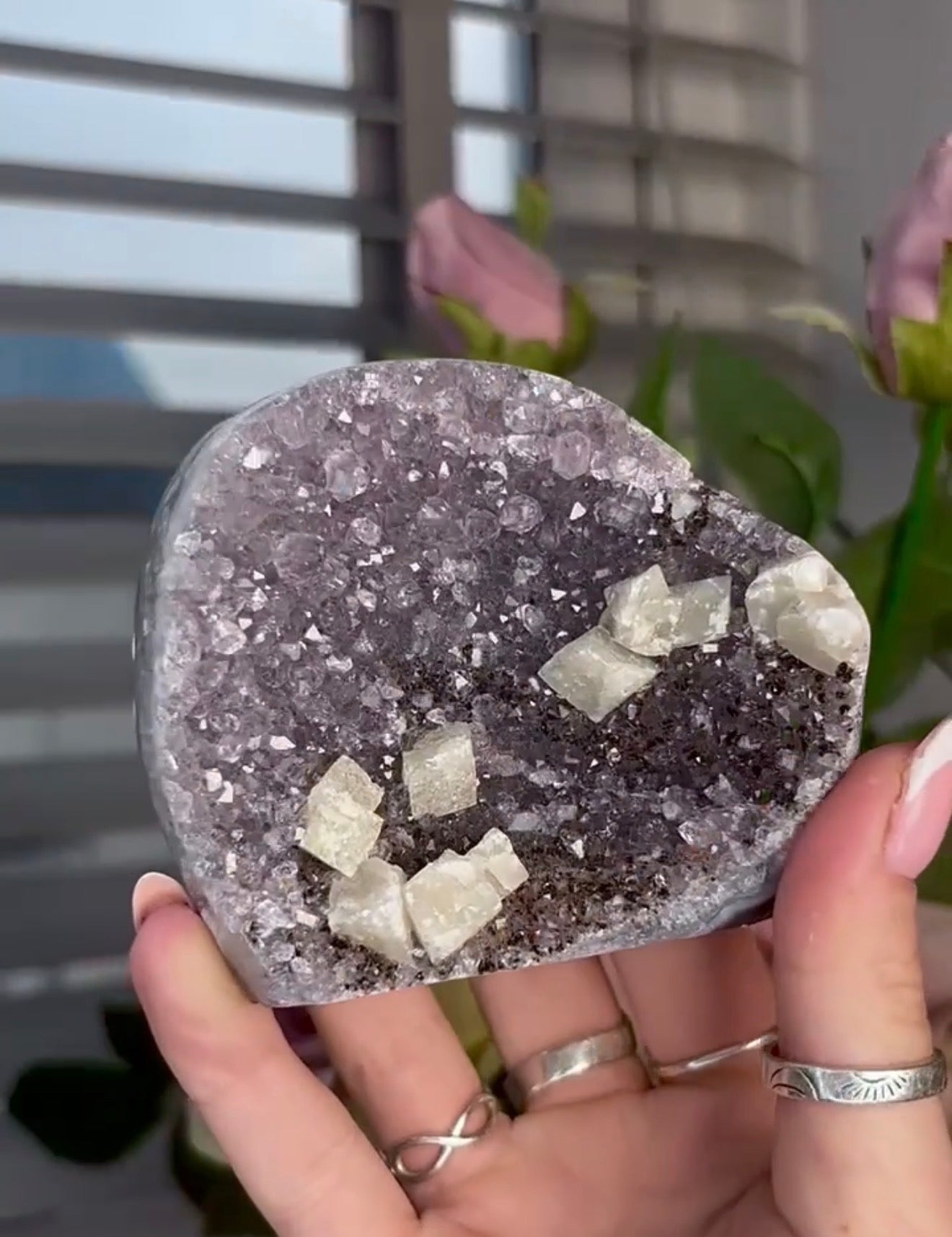 amethyst cutbase with cubic calcite