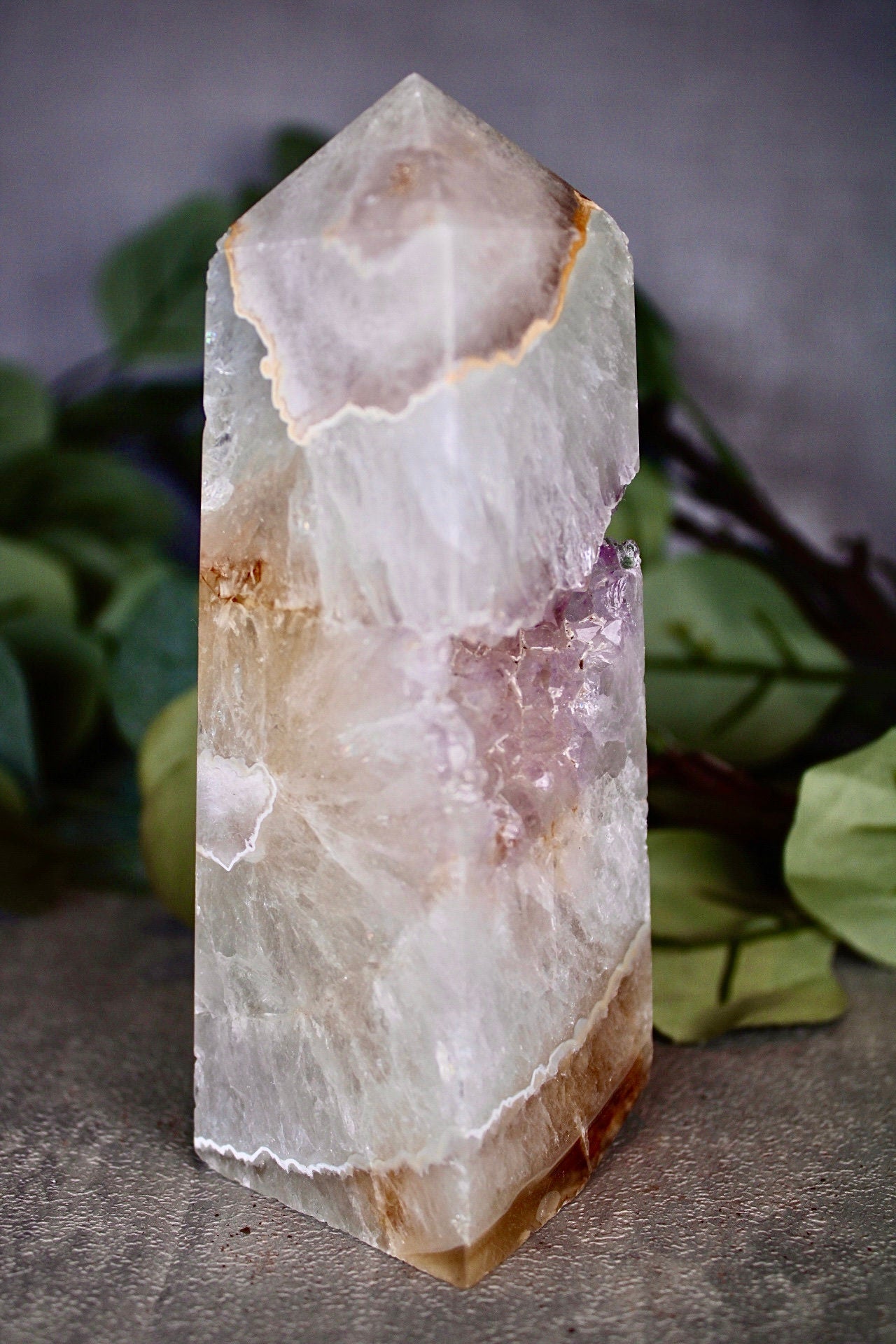 Pink amethyst agate, 4 sided tower with lavender Druze