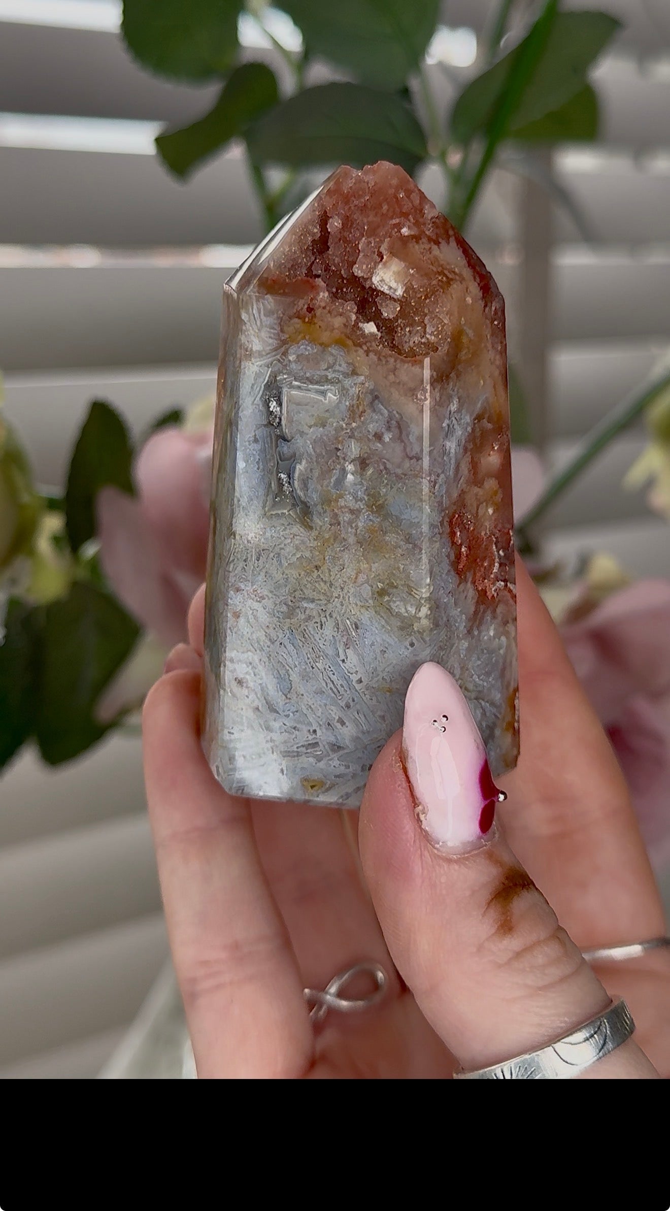 Pink amethyst tower with with agate & golden healer inclusions 8cm by 4.5cm