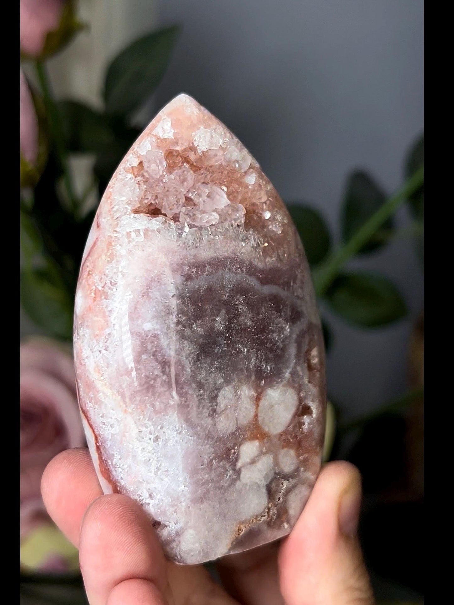 High grade, pink amethyst flame with quartz
