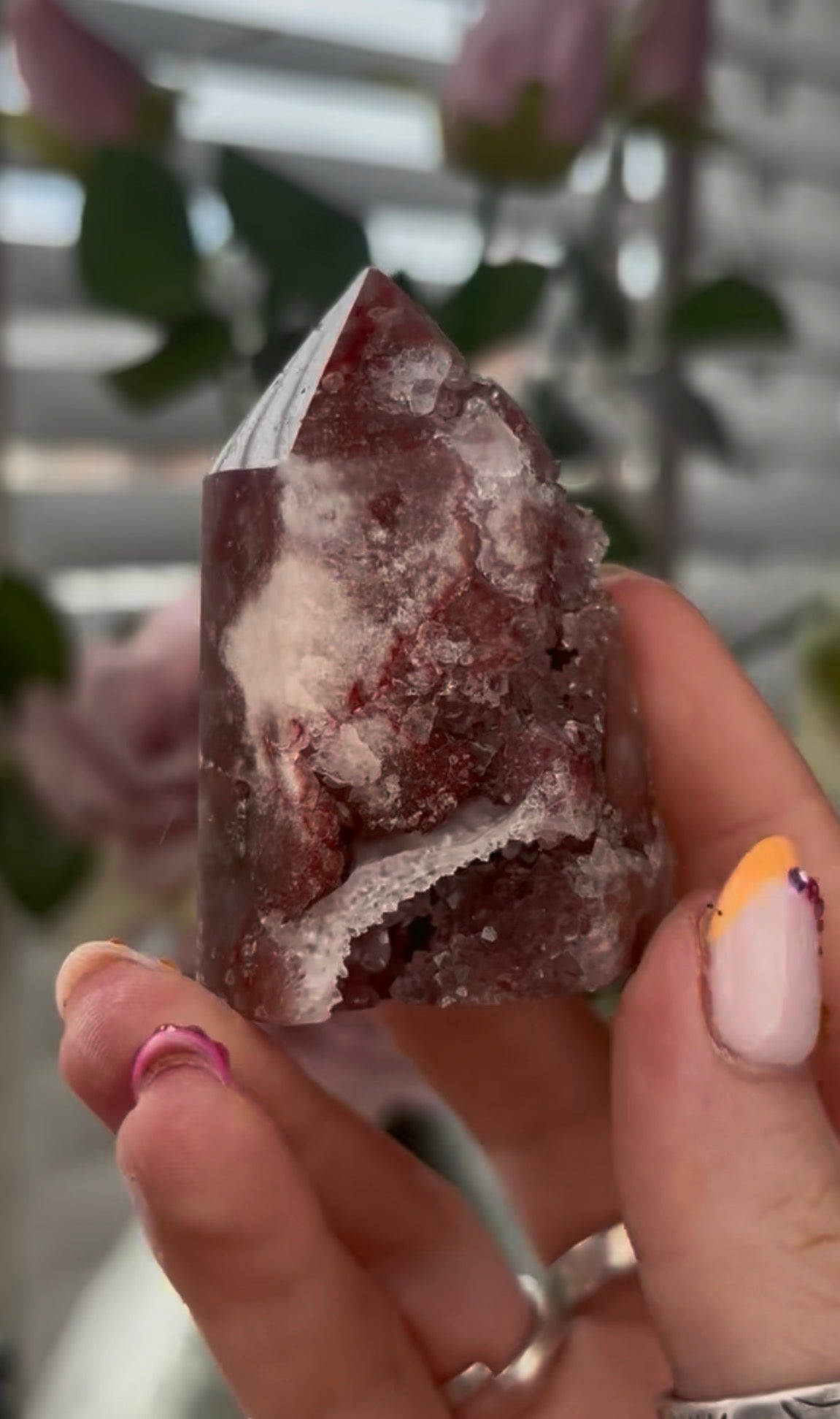 Small, High quality, Pink amethyst tower, with druzy