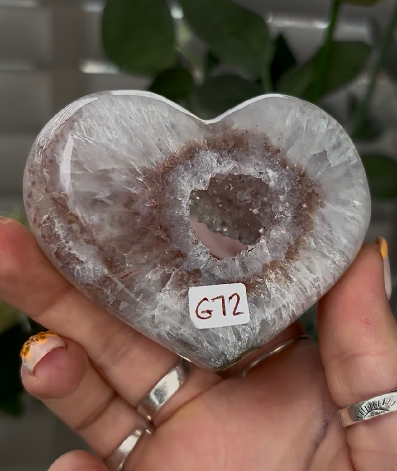 Beautiful, high grade, agate heart with druzy - comes with stand