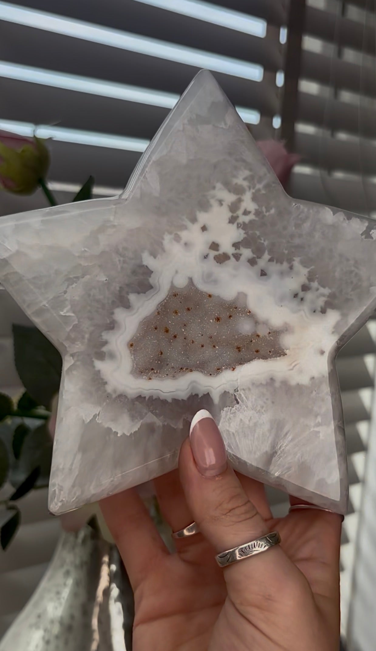 Beautiful, large, high grade, agate star with druzy - comes with stand