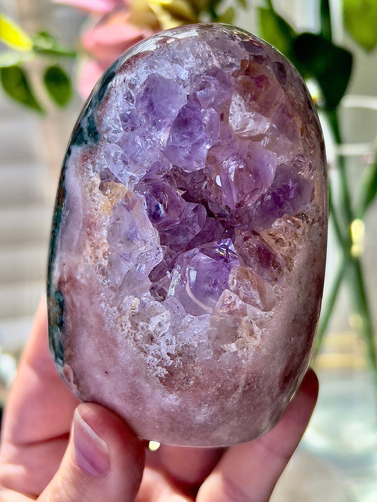 High grade pink amethyst, Freeform with purple quartz and green jasper