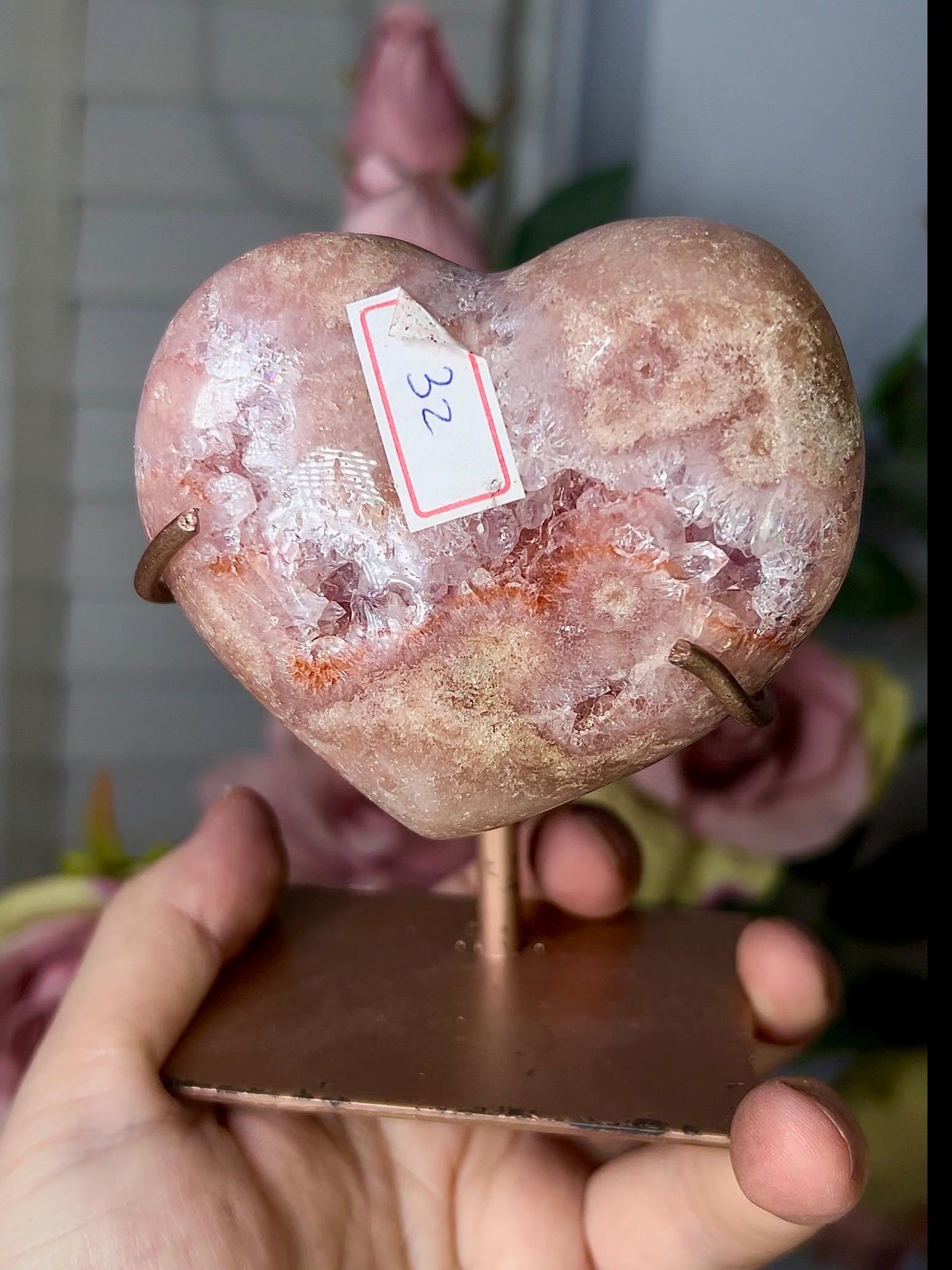 High grade, pink amethyst heart with purple quartz & hematite lining with stand