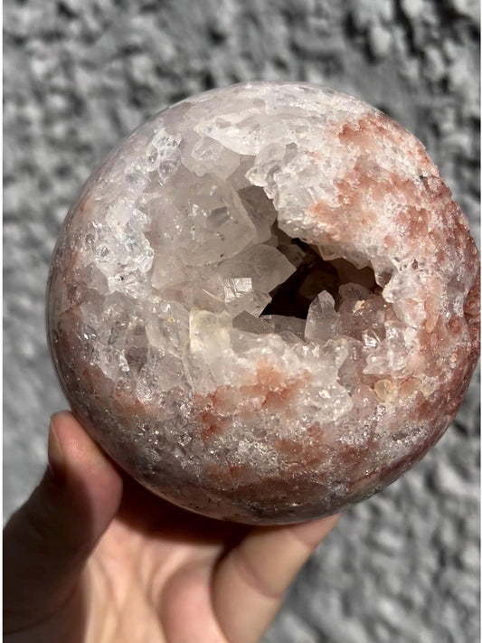 high grade, large, statement, pink amethyst sphere, with incredible quartz & red sugar druzy 1.230kg