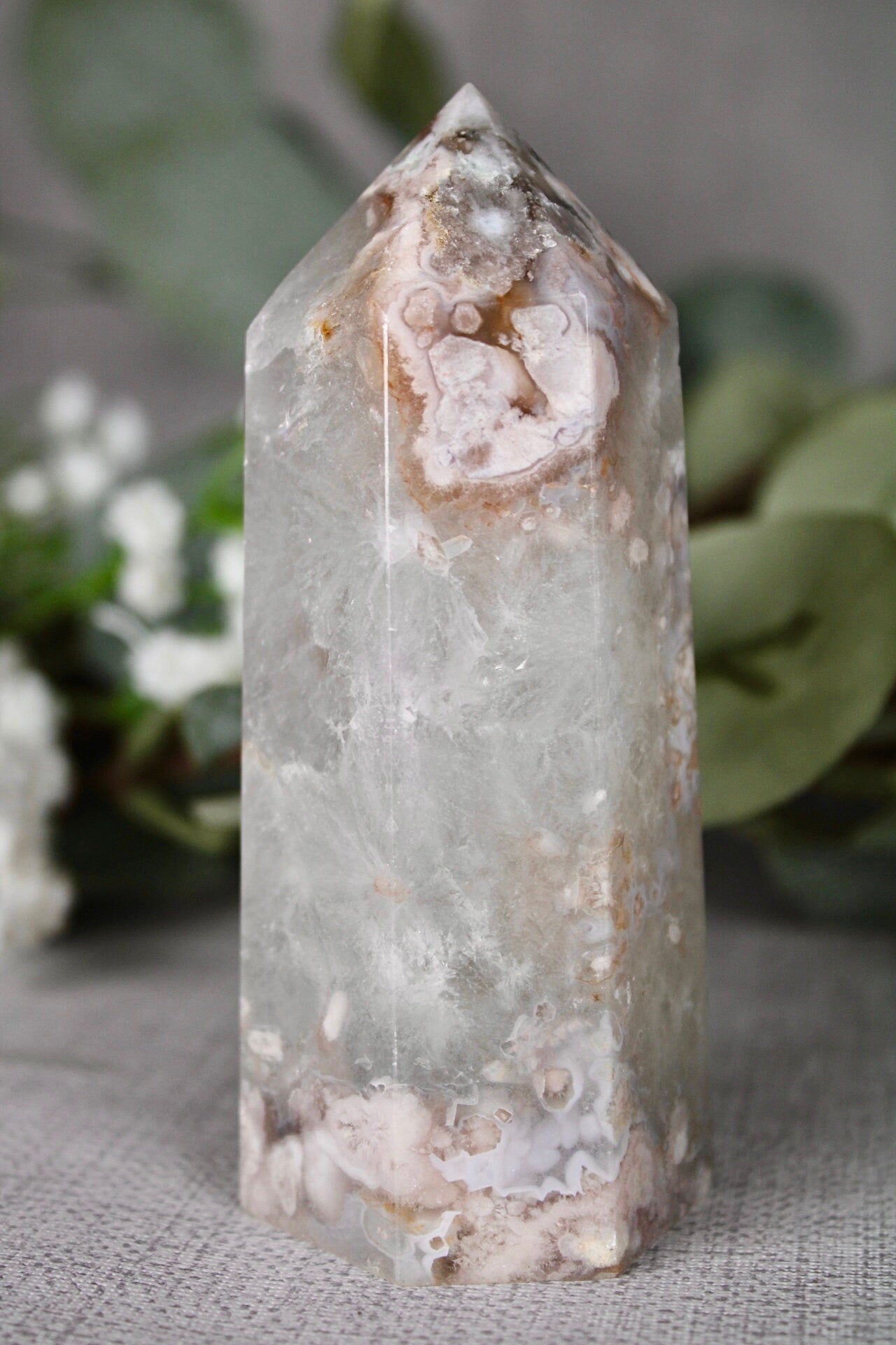 Green chlorite, flower agate, 6 side, polished tower 295g 11cm (H) 4.5cm (W)