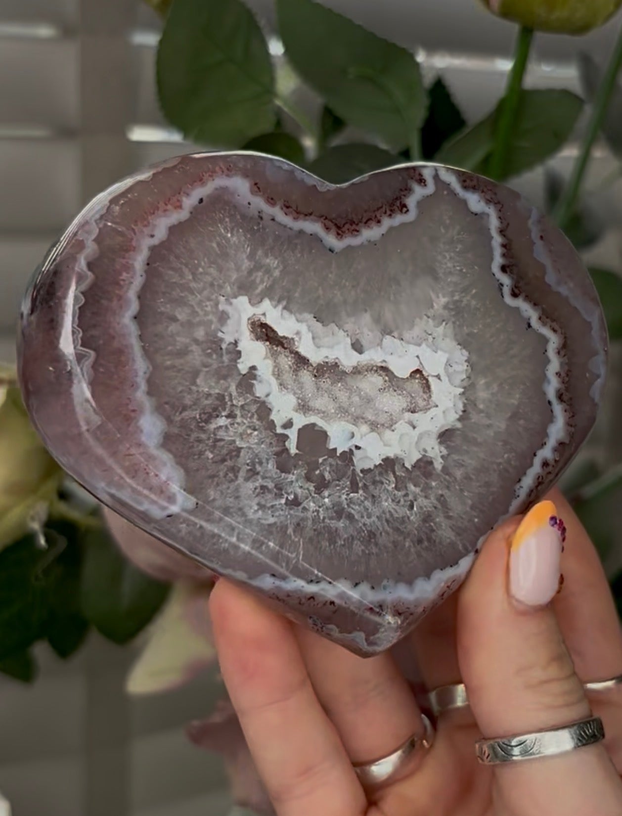 Beautiful, high grade, agate heart with druzy - comes with stand