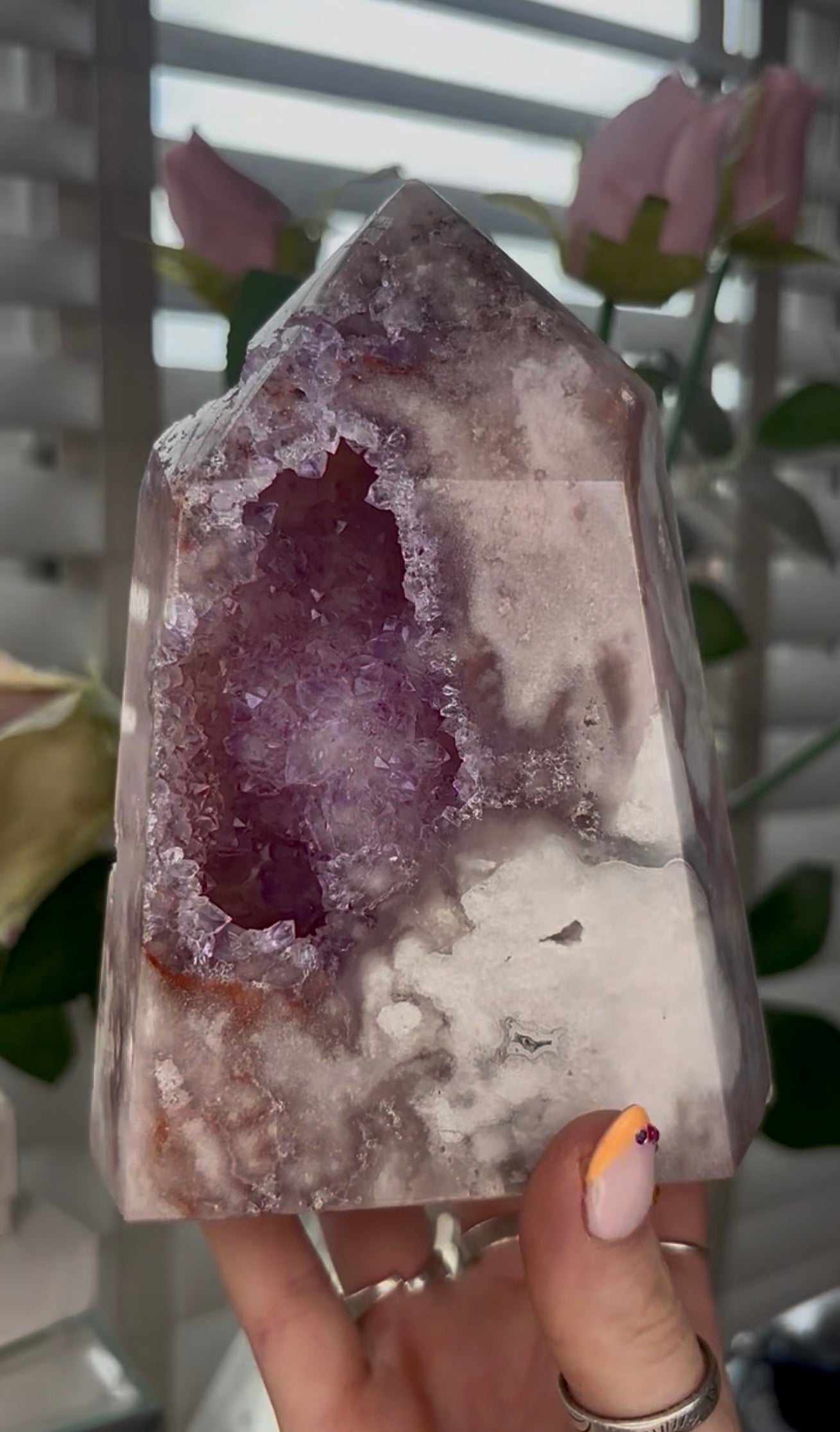 Huge, Beautiful, Pink amethyst tower with purple quartz druzy