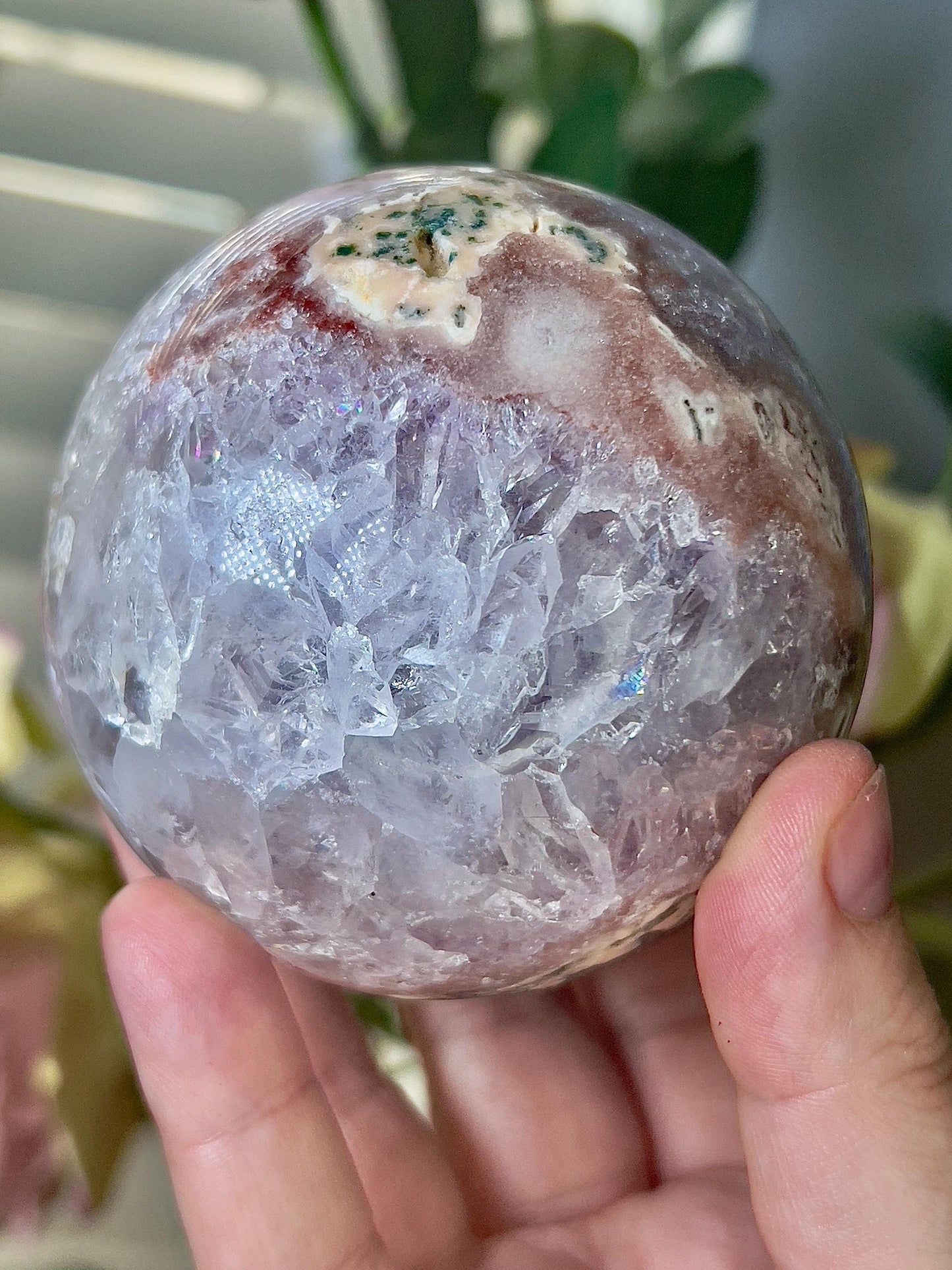high grade, gorgeous pink amethyst sphere, with incredible quartz druzy