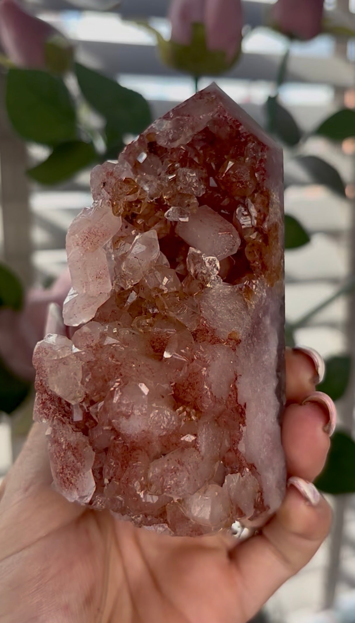 Beautiful, high quality, Pink amethyst tower in burnt orange/red tones with chewing gum druzy