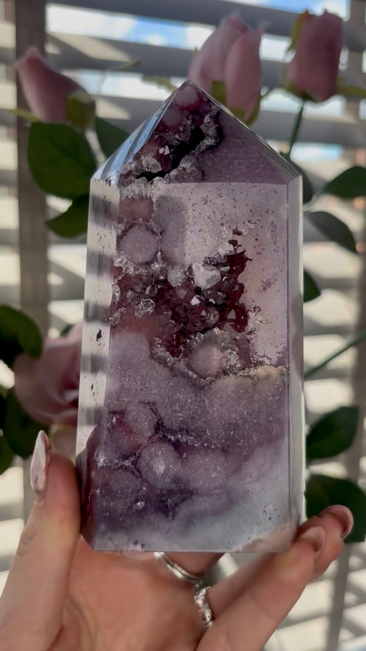 Beautiful, high quality, Pink amethyst tower in lilac tones with vibrant purple druzy