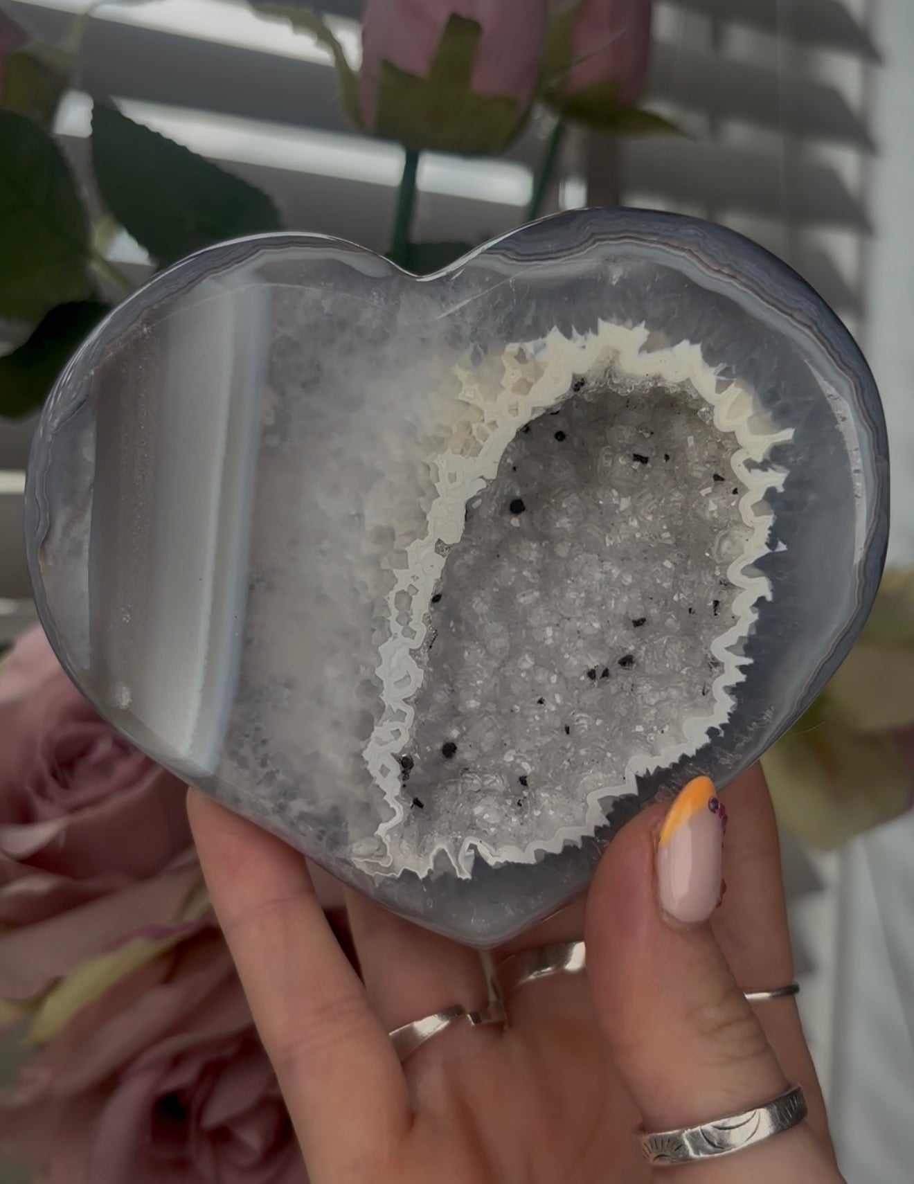 Beautiful, high quality, blue banded agate heart with druzy - stand included