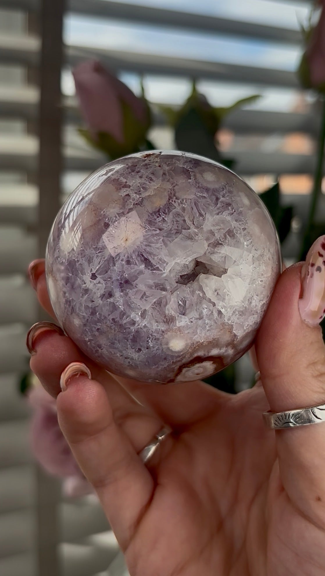 High grade, amethyst Flower agate sphere with druzy quartz