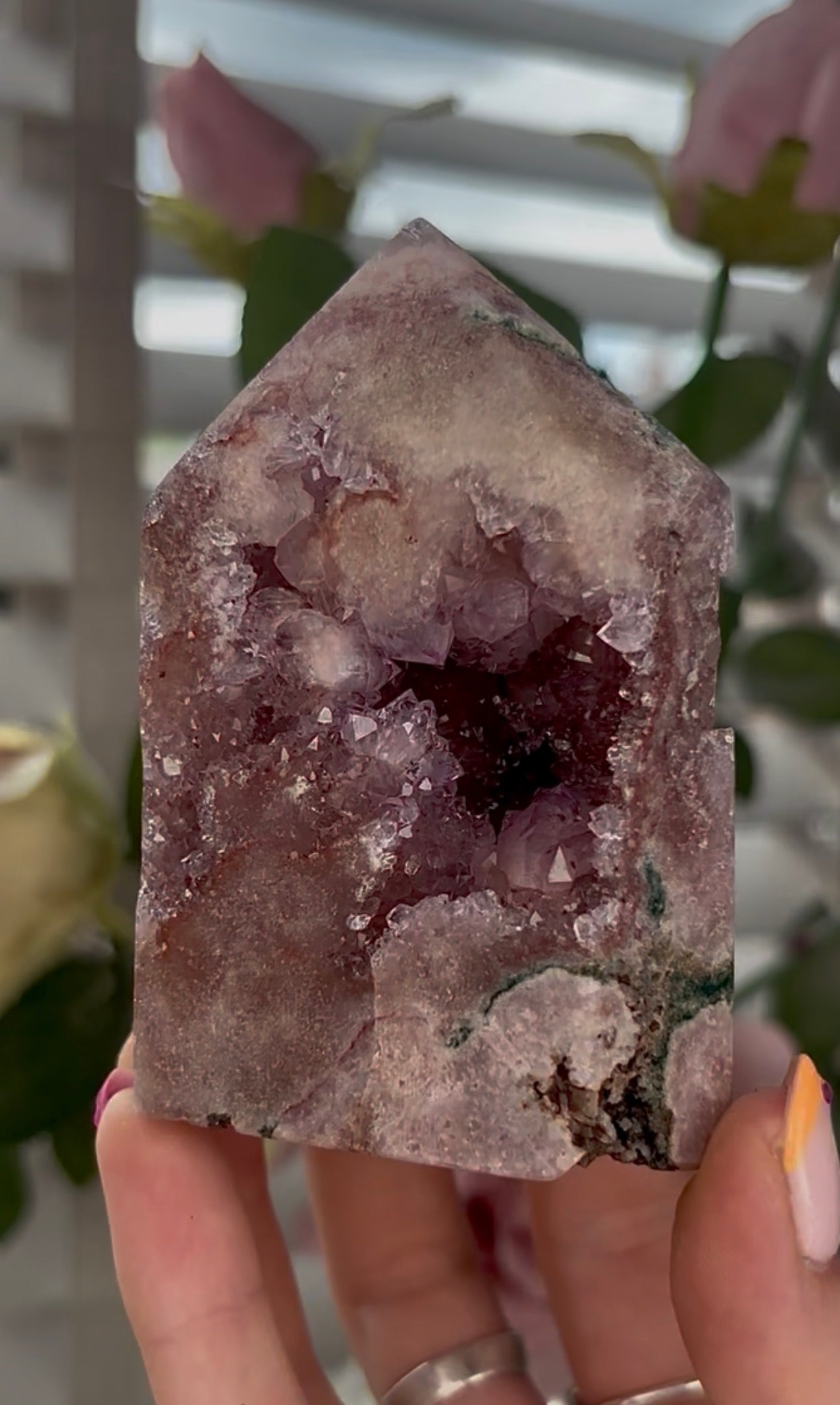 Pretty, high quality, Pink amethyst tower, with lilac quartz druzy