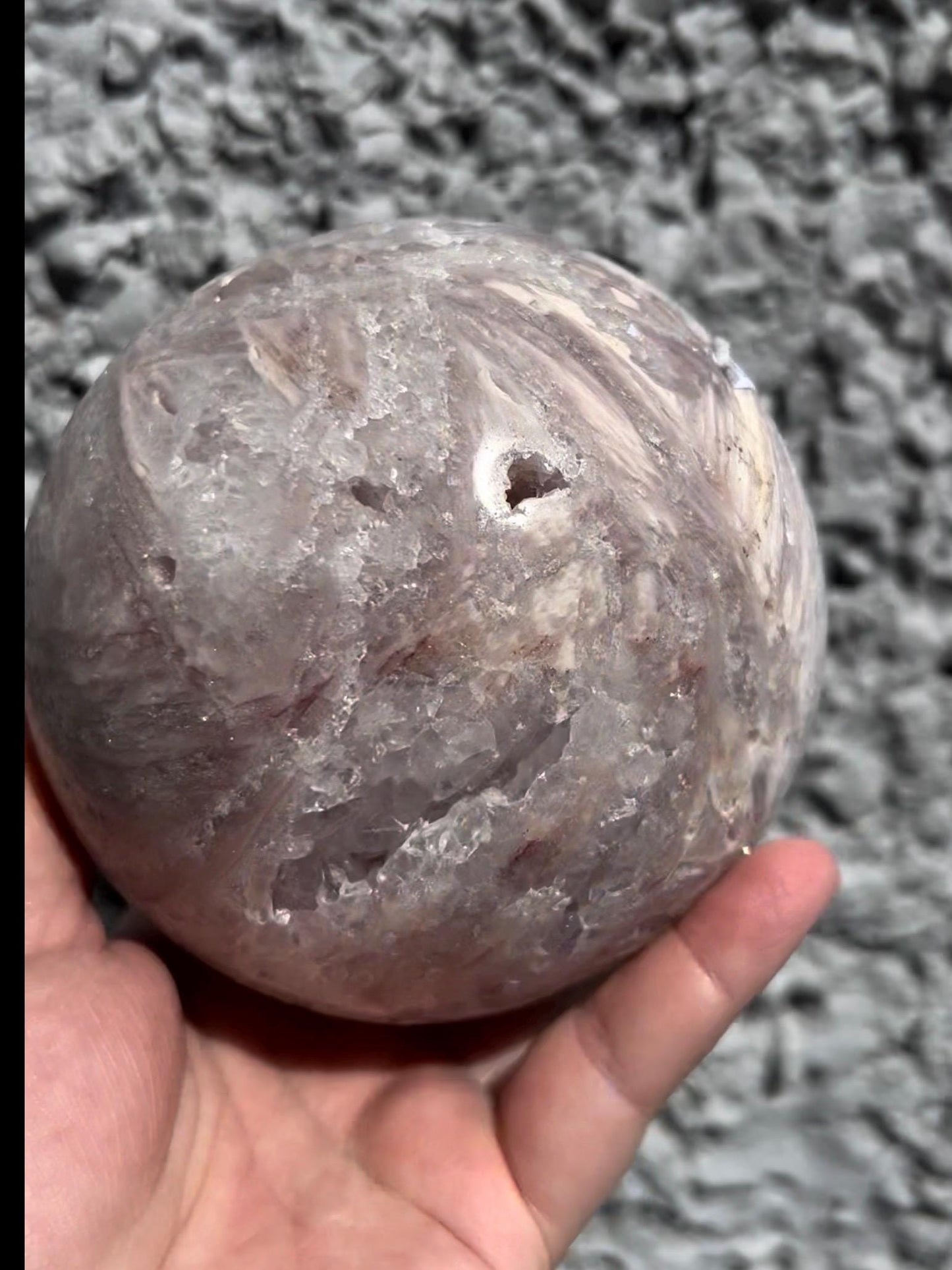 large, statement pink amethyst sphere with rutile formations in lilac tones over 1kg
