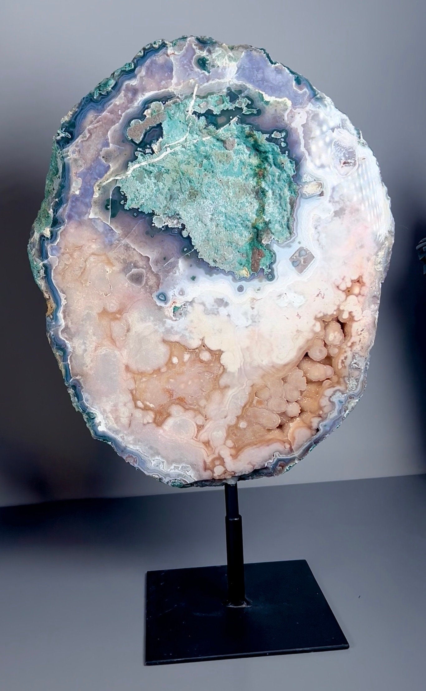 High grade, round pink amethyst slab with green jasper & bubble druzy