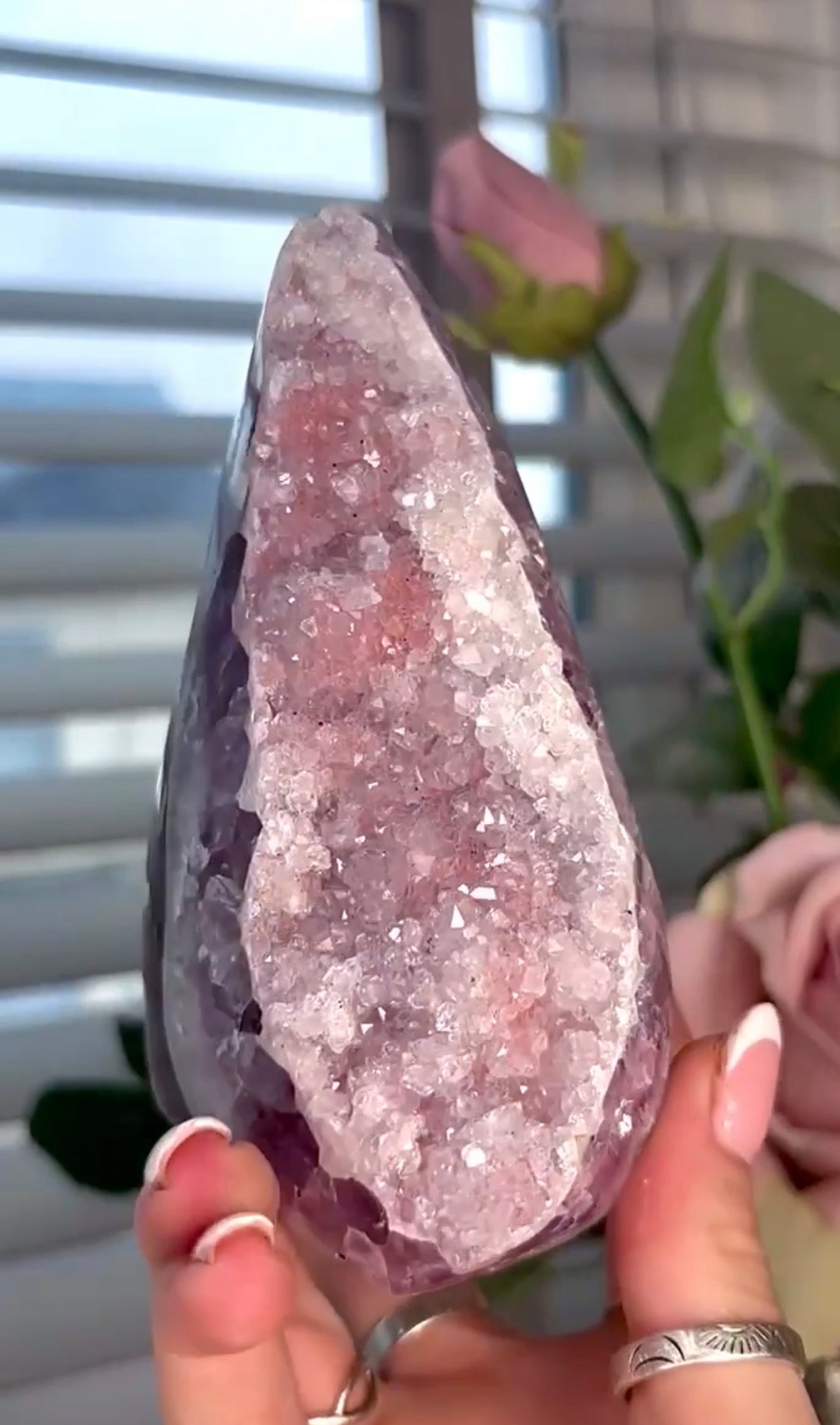 High quality, pink toned, rainbow amethyst on purple agate, cutbase