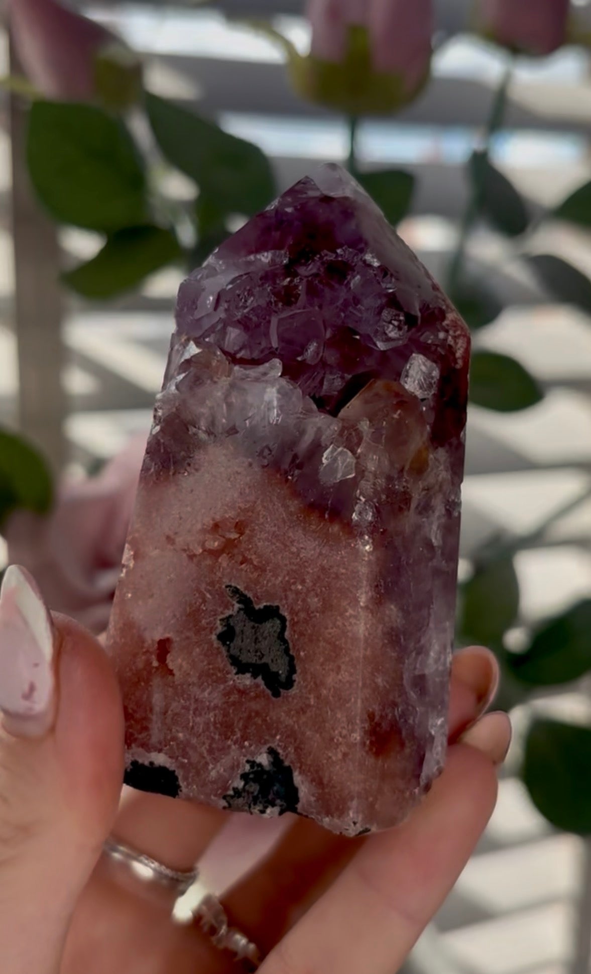 Beautiful, high quality, Pink amethyst tower with purple quartz & green jasper