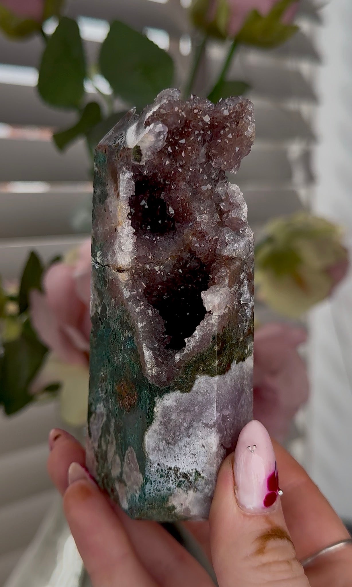 High quality Pink amethyst tower with jasper 11cm(h) 5cm(w)