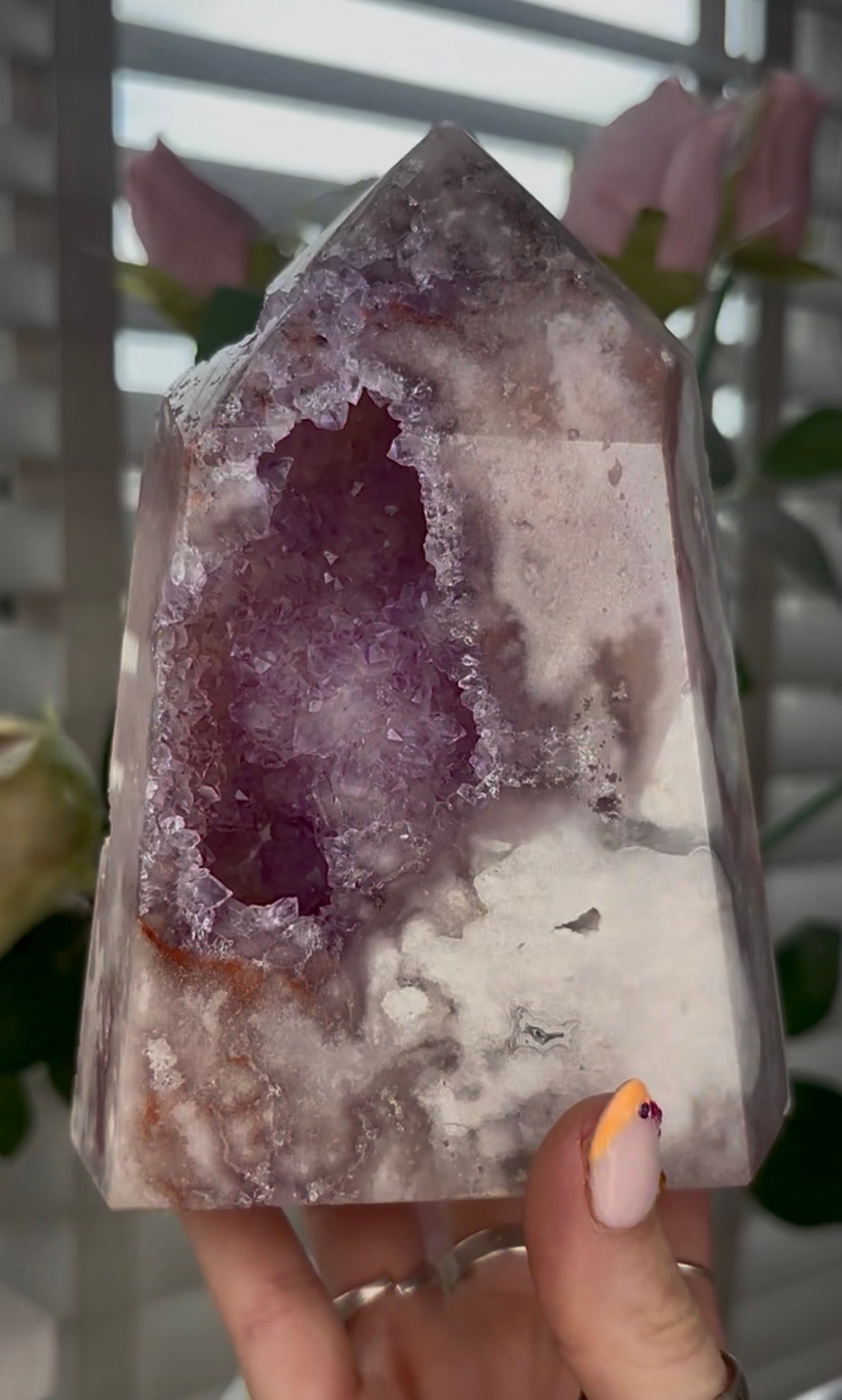 Huge, Beautiful, Pink amethyst tower with purple quartz druzy