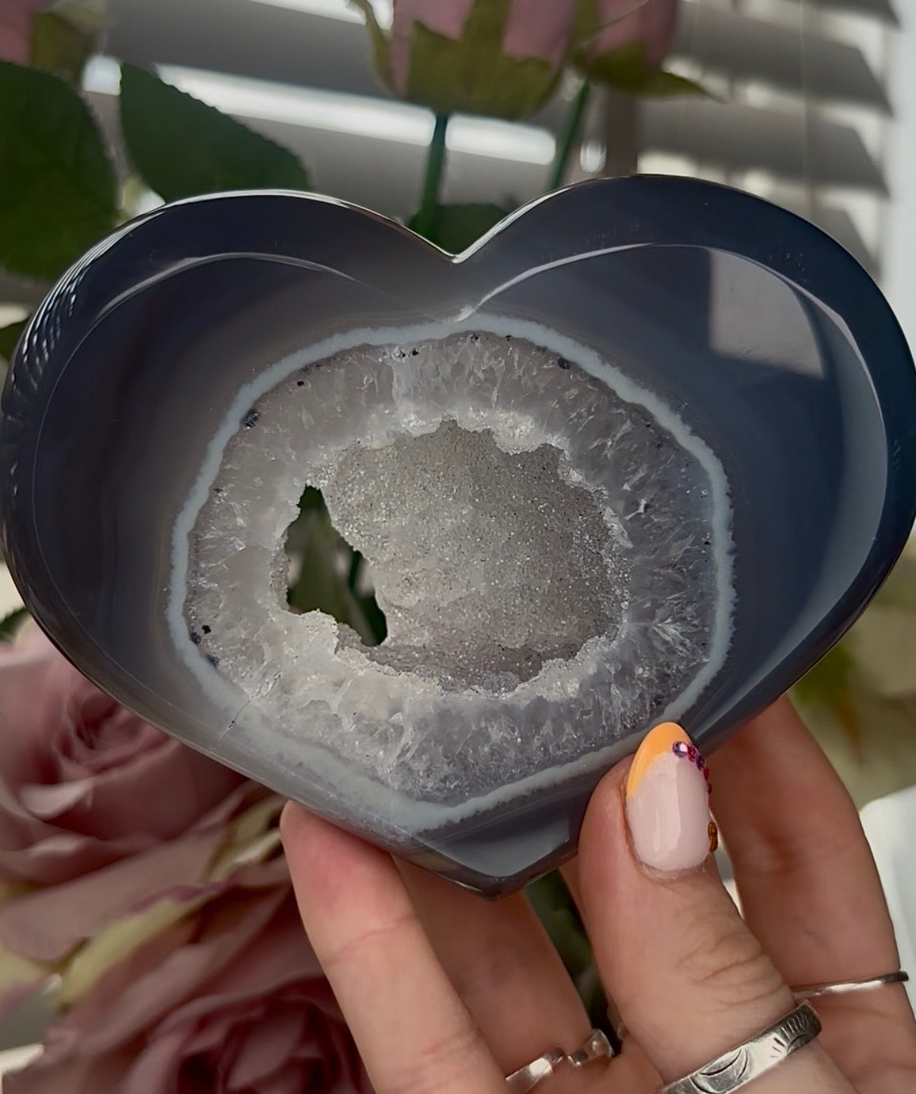 Beautiful, high quality, blue agate heart with druzy - stand included