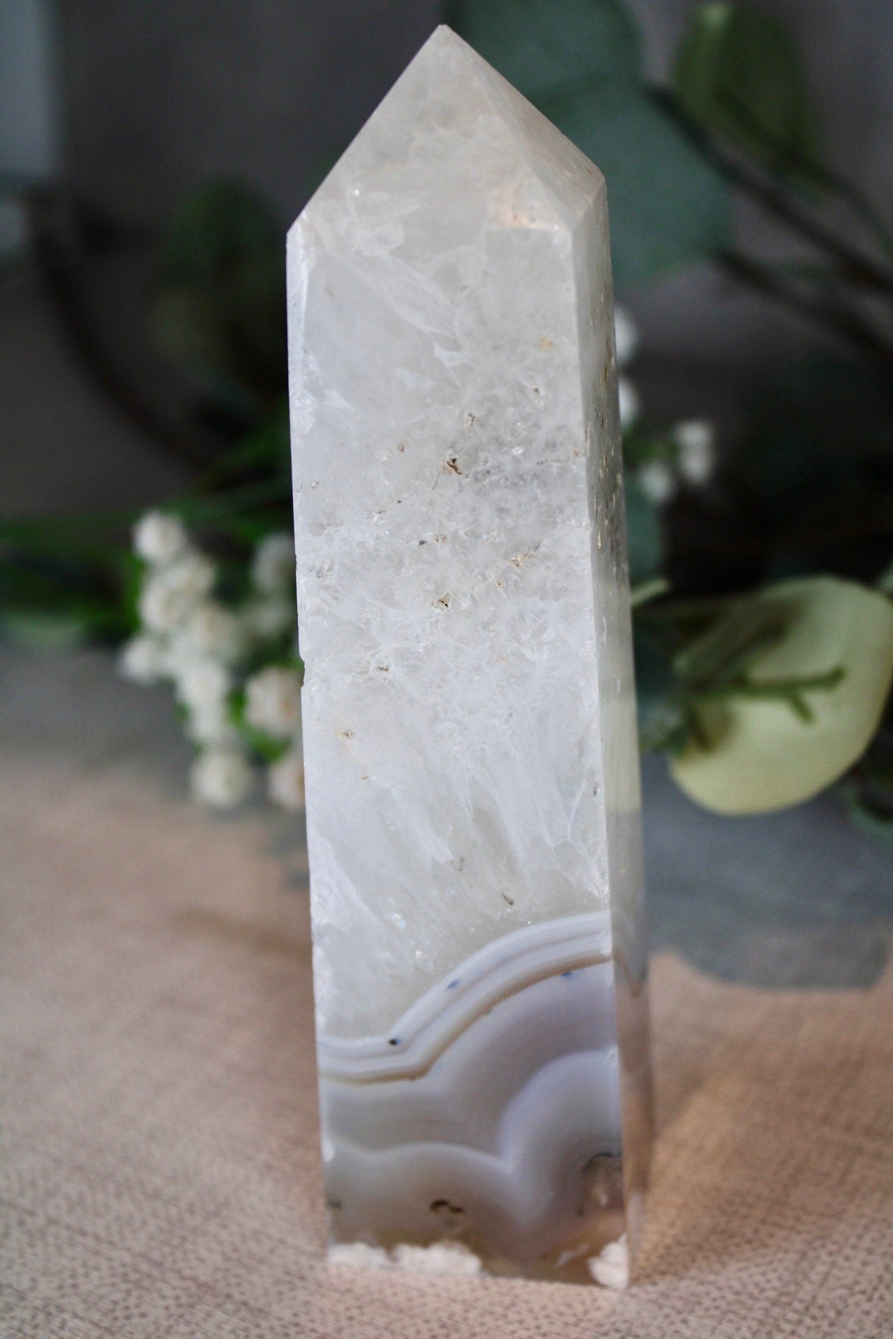 Blue banded agate with quartz tower