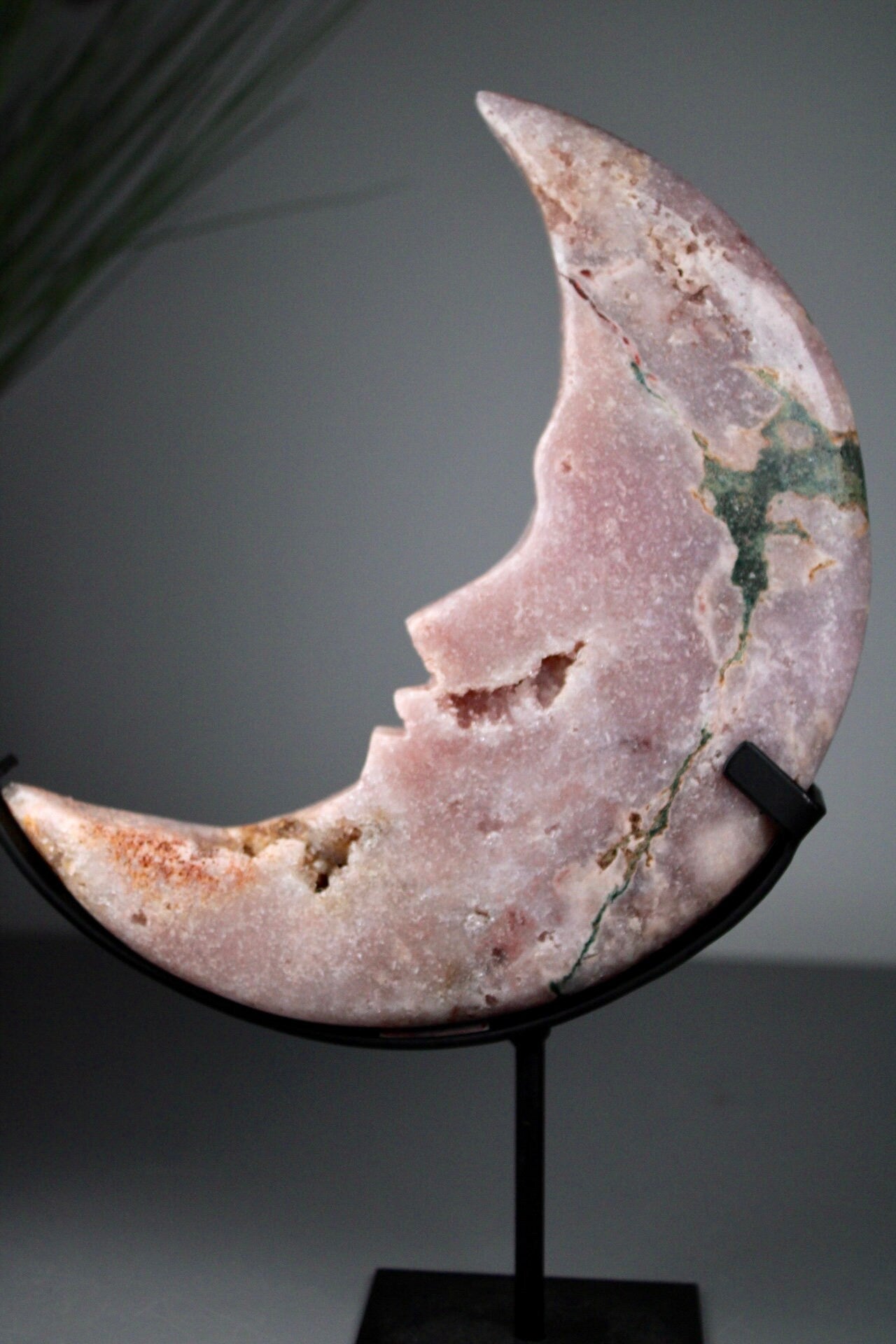 High quality, Pink amethyst, crescent moon with face, on stand from brazil with green jasper vein