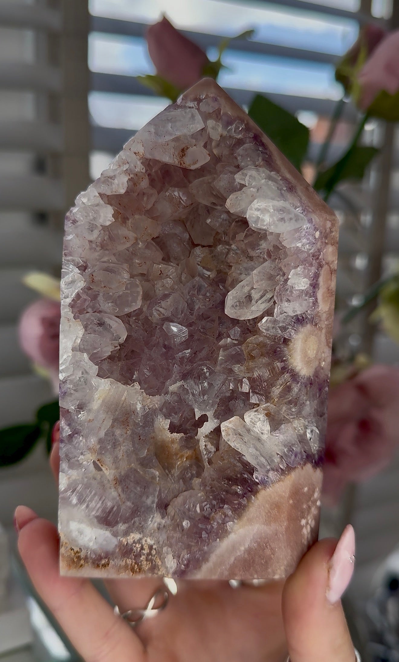 Pink amethyst tower with quartz 14cm(h) 7cm(w)