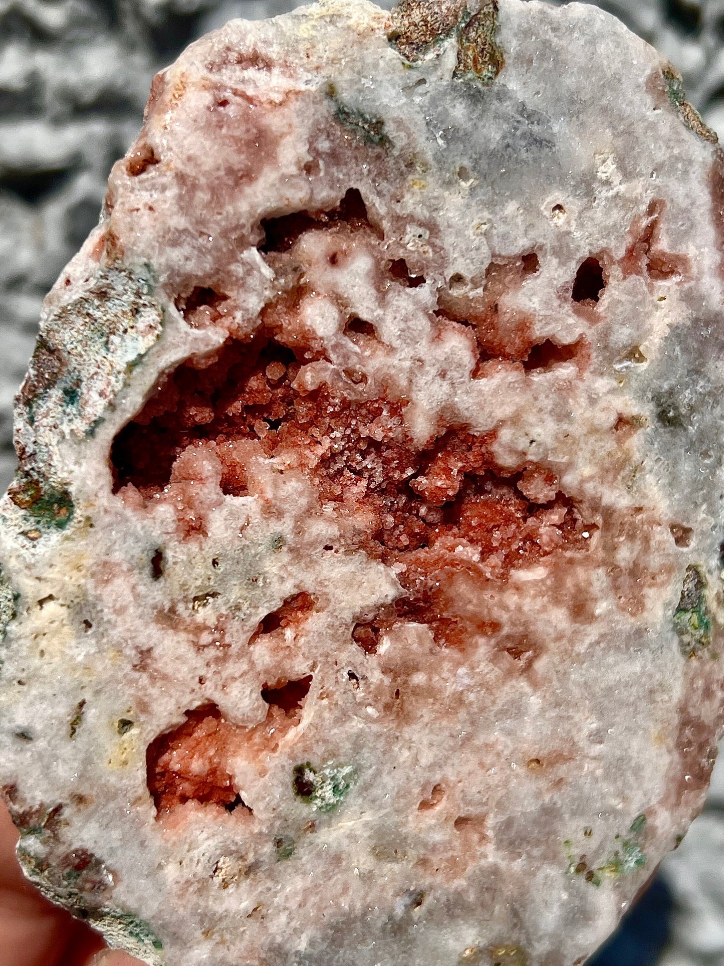 high quality, pink amethyst slab with vibrant red sugar druzy