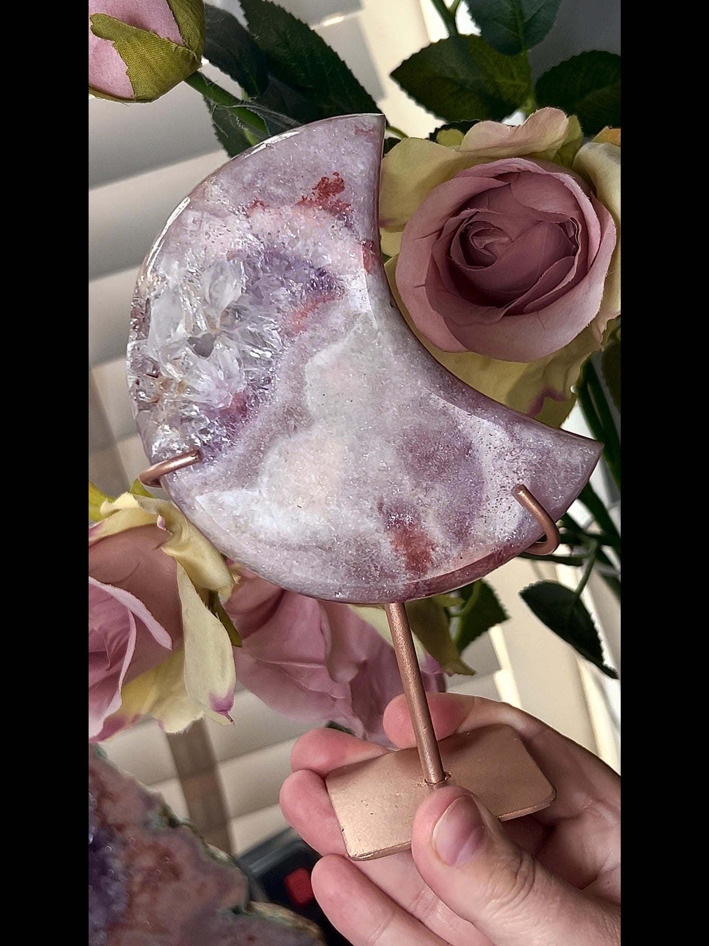 High grade, pink amethyst moon with purple quartz druze 400g