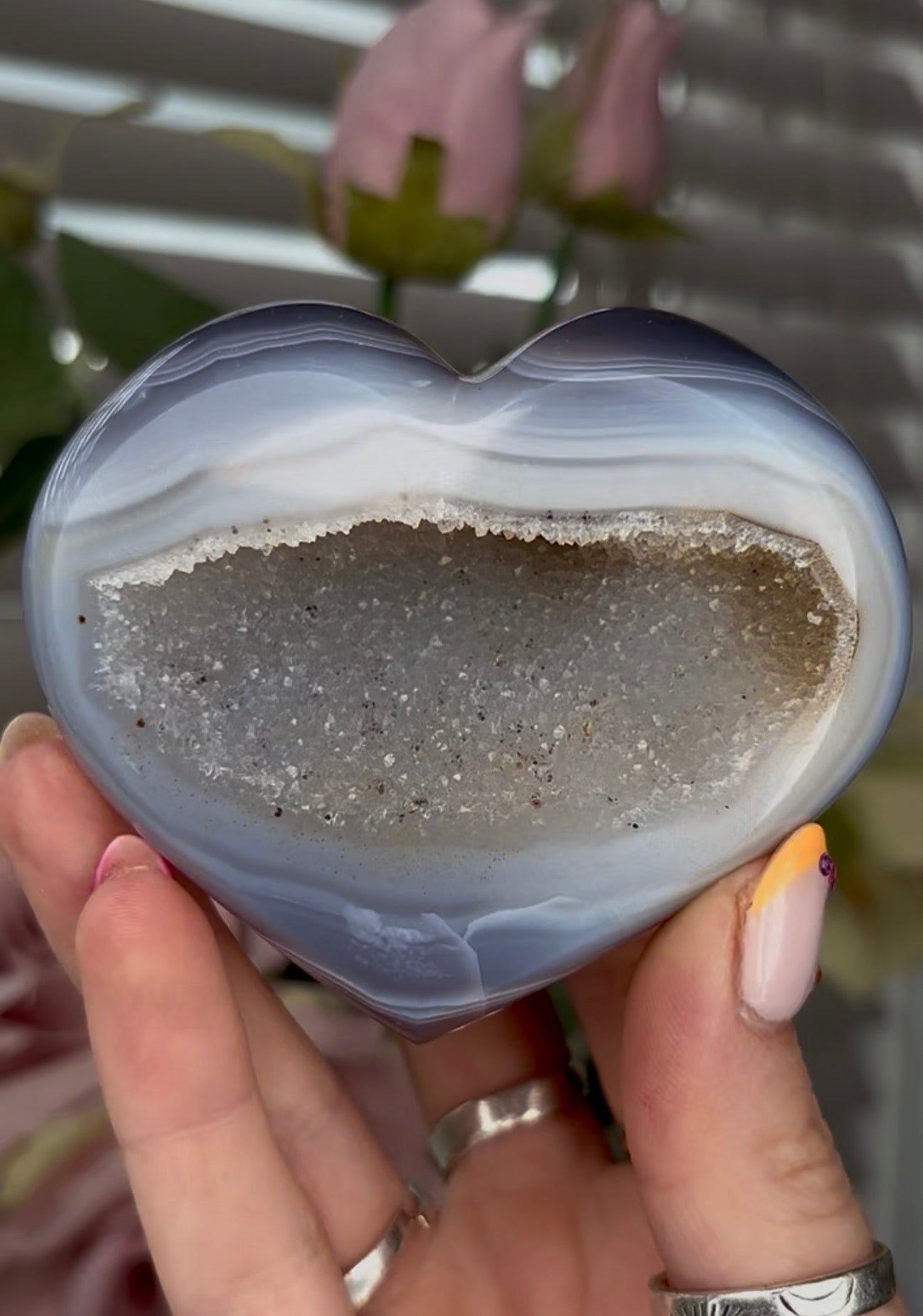 Beautiful, high grade, blue agate heart with druzy - comes with stand