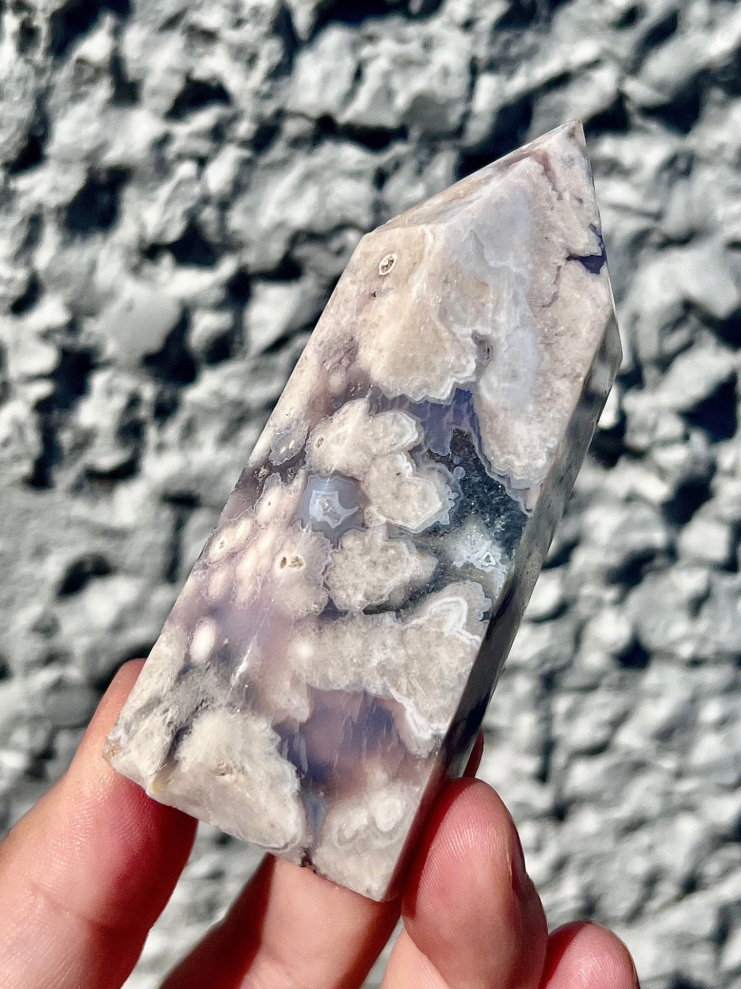 High grade Black, blue & pink flower agate tower