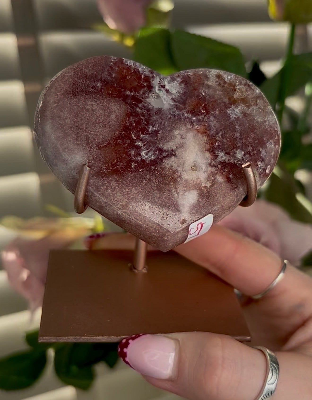 pink amethyst heart - comes with stand