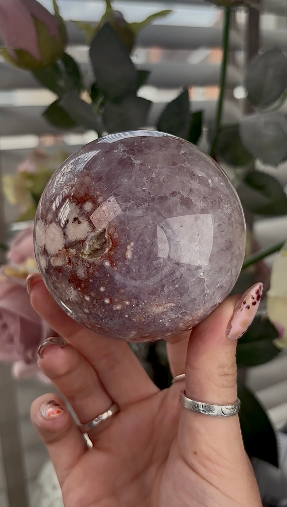 High grade, amethyst Flower agate sphere with high clarity quartz