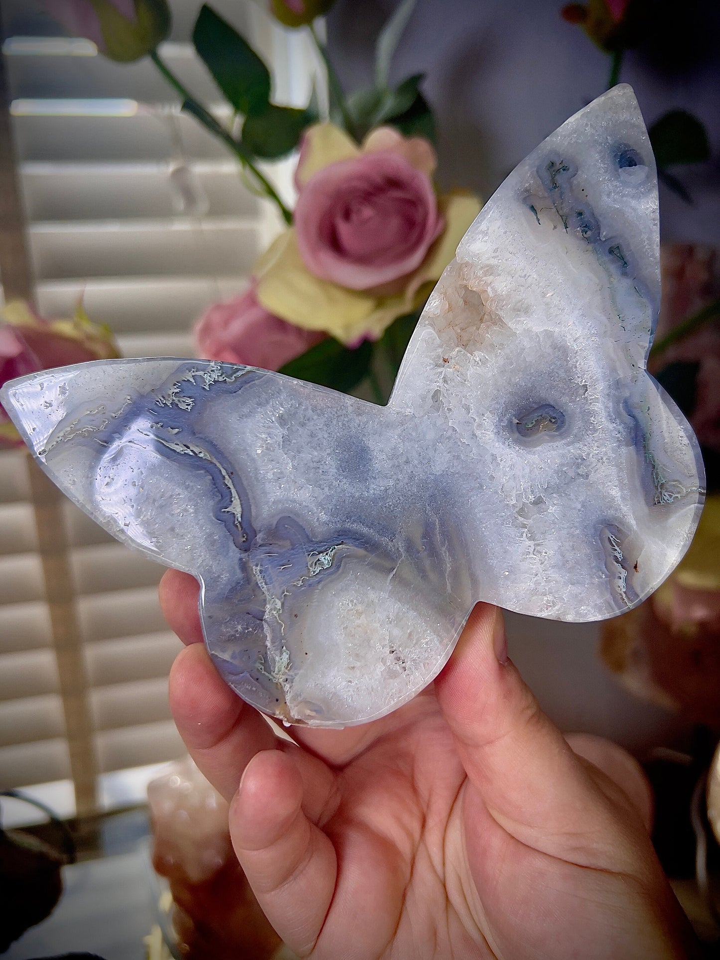 High grade, blue moss agate & quartz, butterfly with, gold pedestal stand