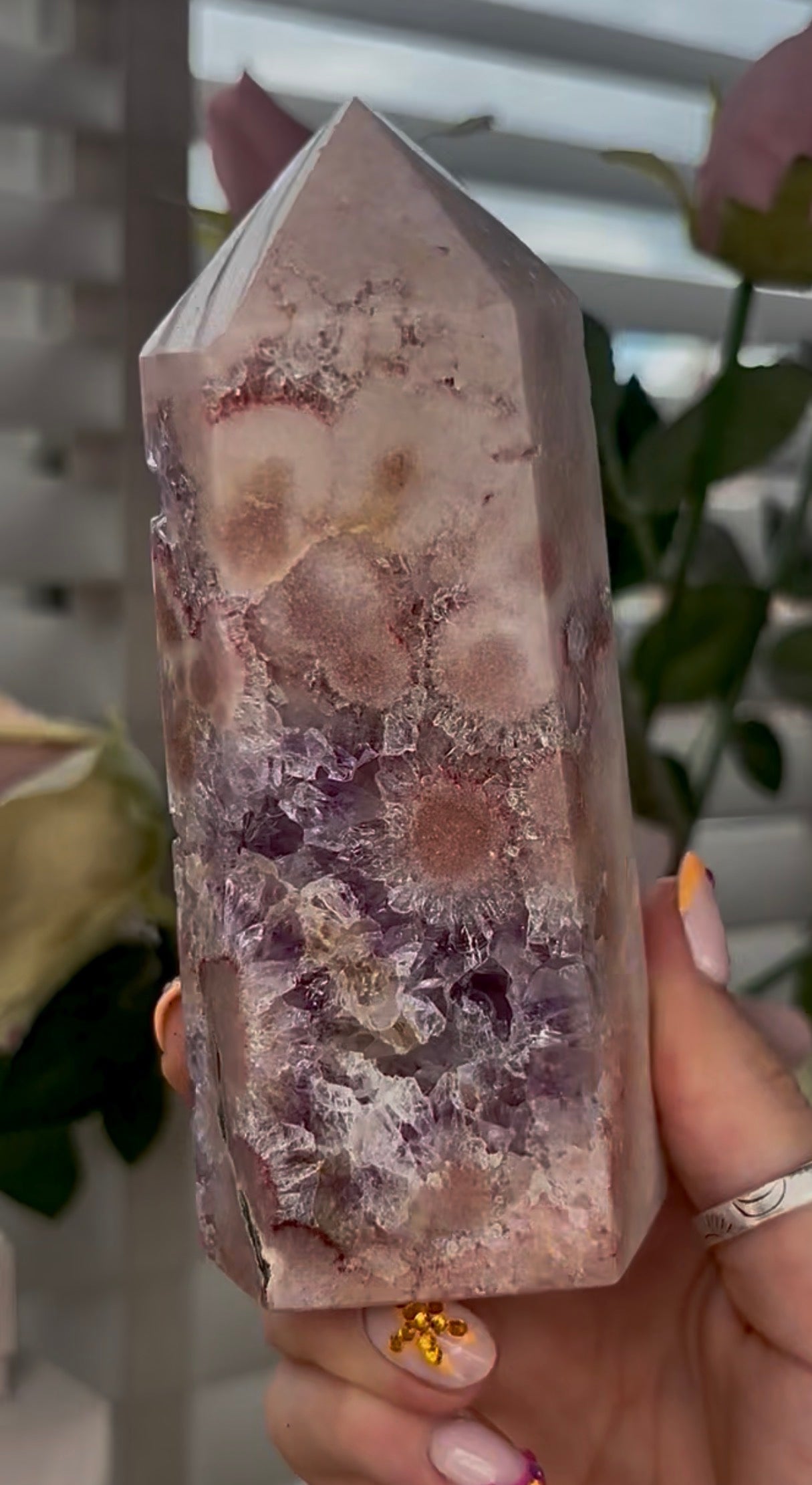 Pretty, Pink amethyst tower, with purple quartz druzy