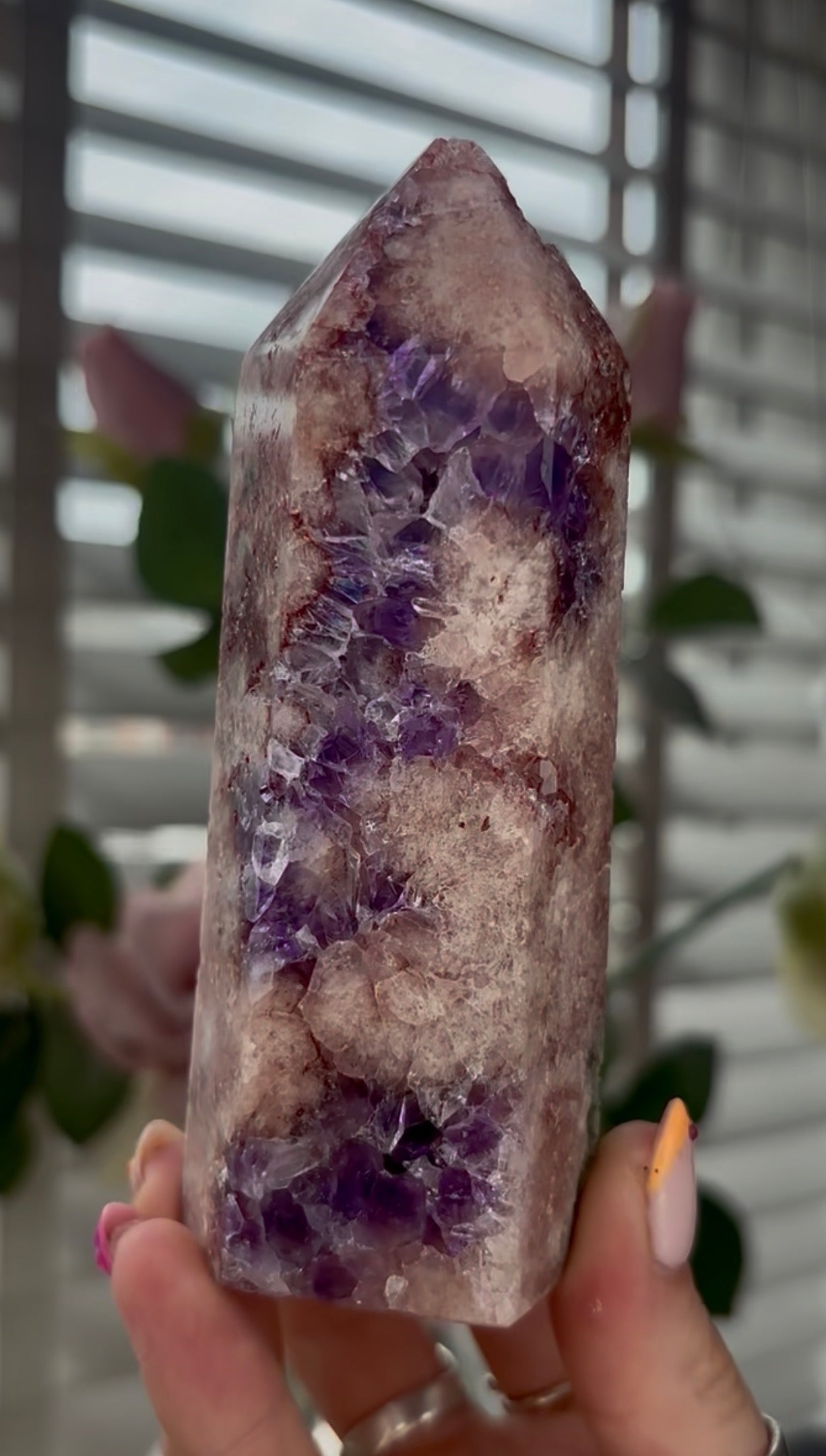 High quality, Pink amethyst tower, with purple quartz druzy
