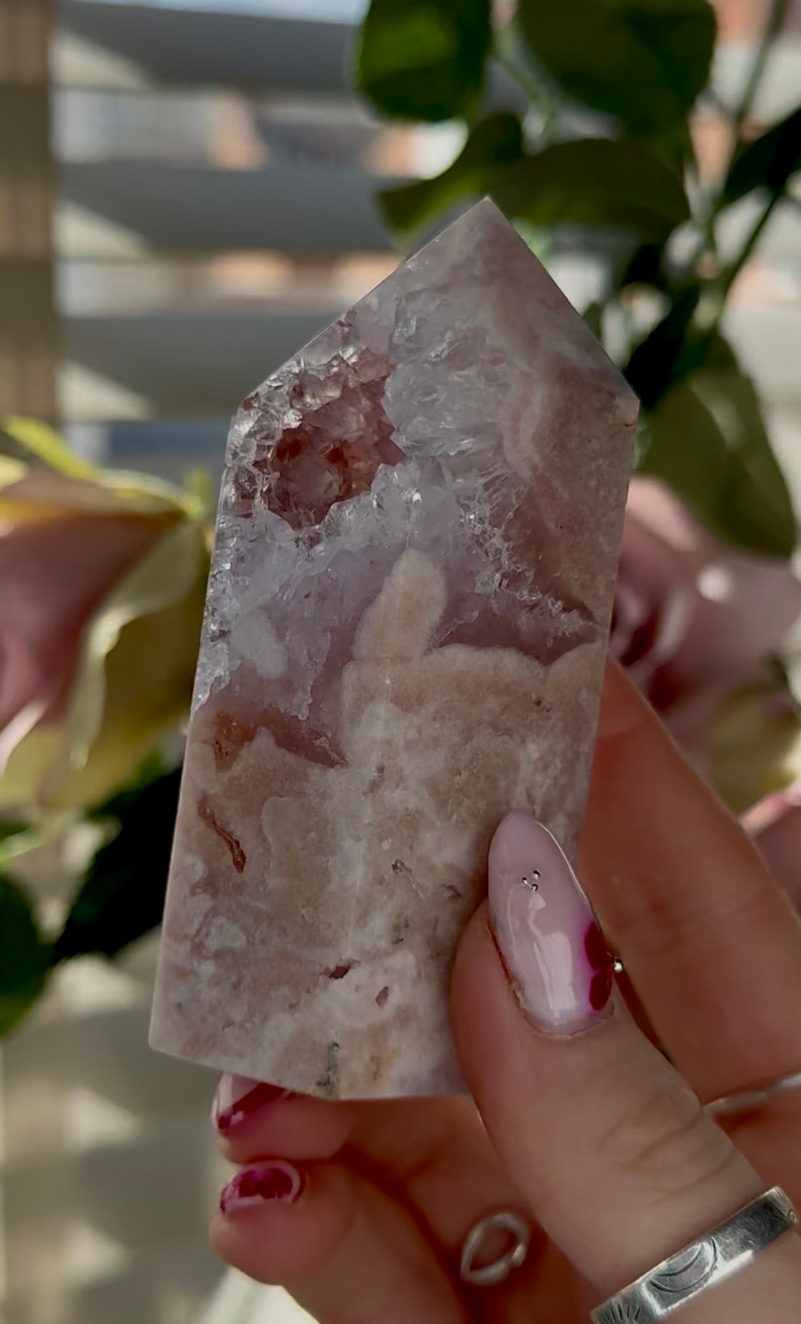 Pink amethyst tower with quartz 9.5cm(h) 4.5cm(w)