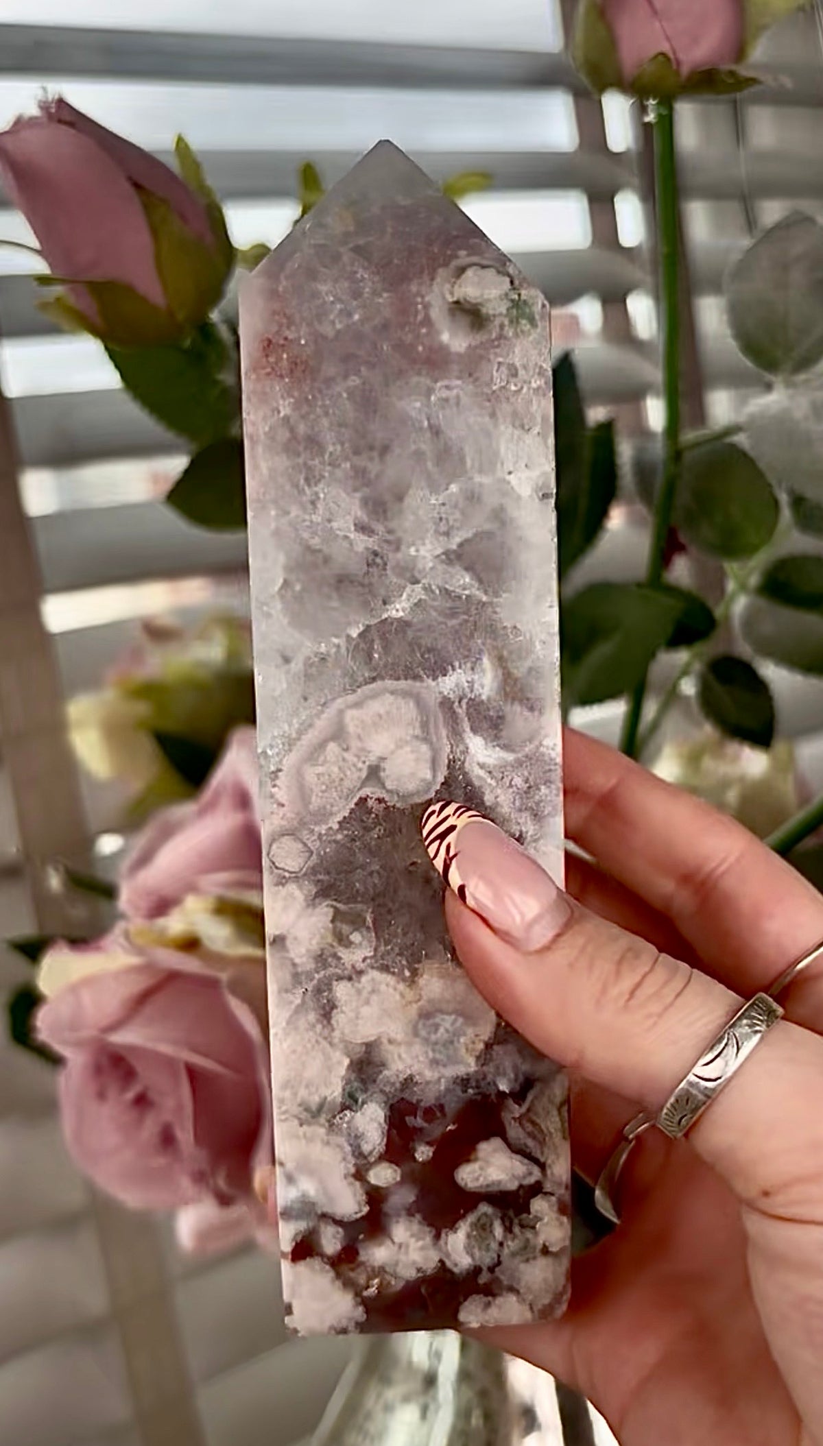 Stunning!! Super high quality, Druzy, green chlorite x blue flower agate tower