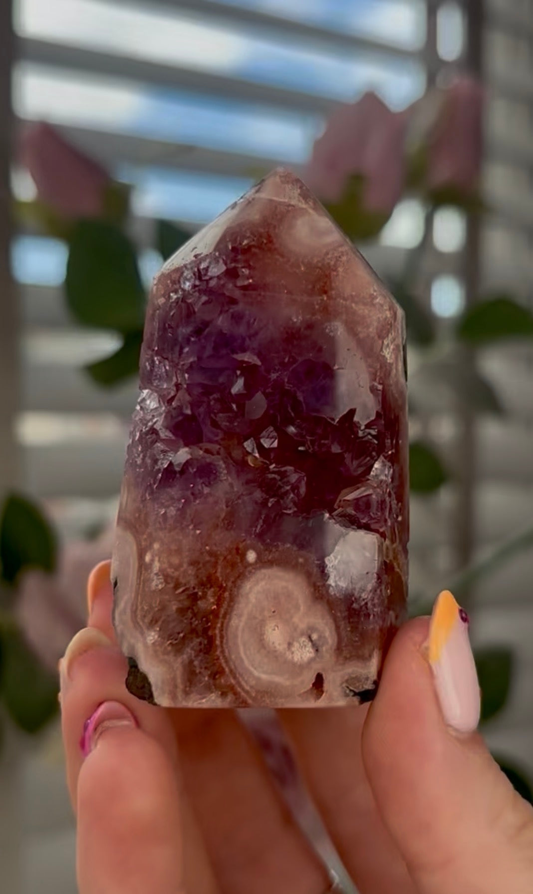 Beautiful, high quality, Pink amethyst tower with purple druzy & green jasper 6.8cm by 4cm